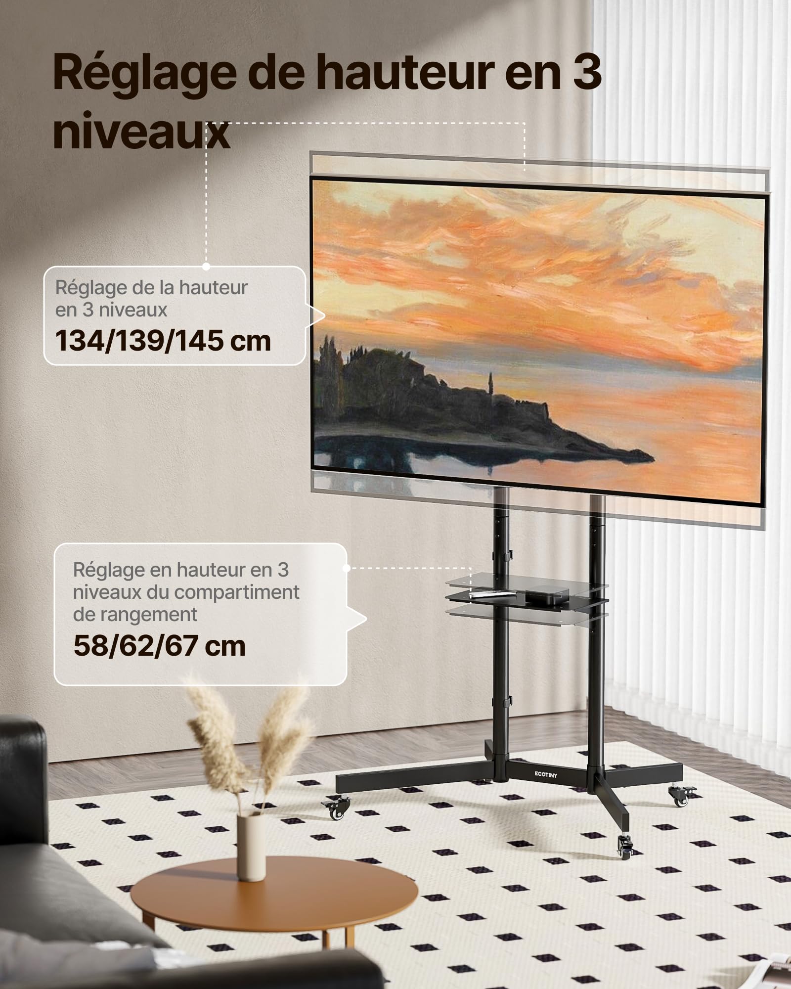 Support TV sur roulettes pour téléviseur de 32 à 85" jusqu'à 70 kg - avec roulettes et Tablette - Hauteur réglable - VESA Maximum 600 x 400 mm