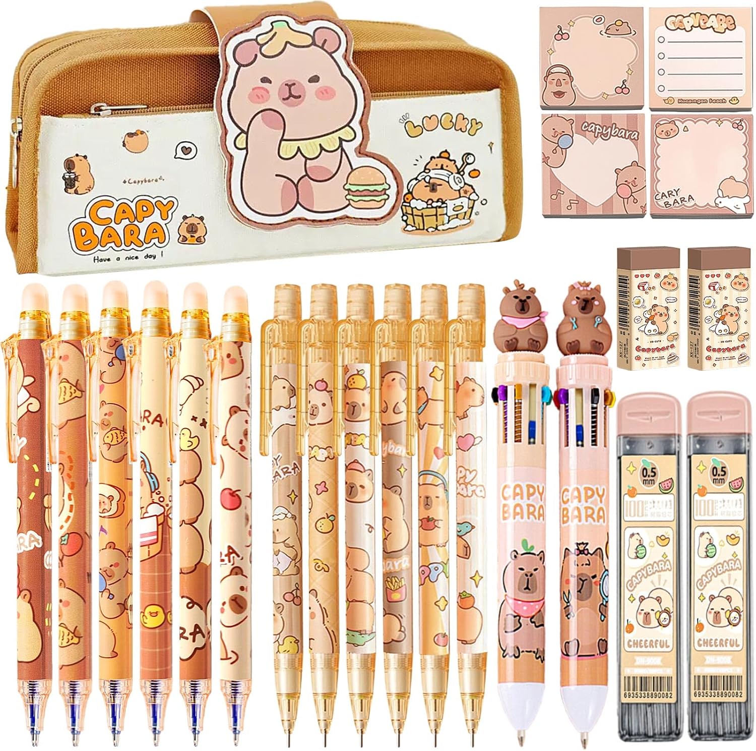 Cute Capybara School Supplies Capybara Stationery Set Kawaii Birthday Christmas Gifts Set Including Mechanical Pencils,Erasers,Erasable Gel Pens,Pencil Holder,Sticky Notes