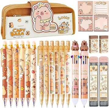 Cute Capybara School Supplies Capybara Stationery Set Kawaii Birthday Christmas Gifts Set Including Mechanical Pencils,Erasers,Erasable Gel Pens,Pencil Holder,Sticky Notes