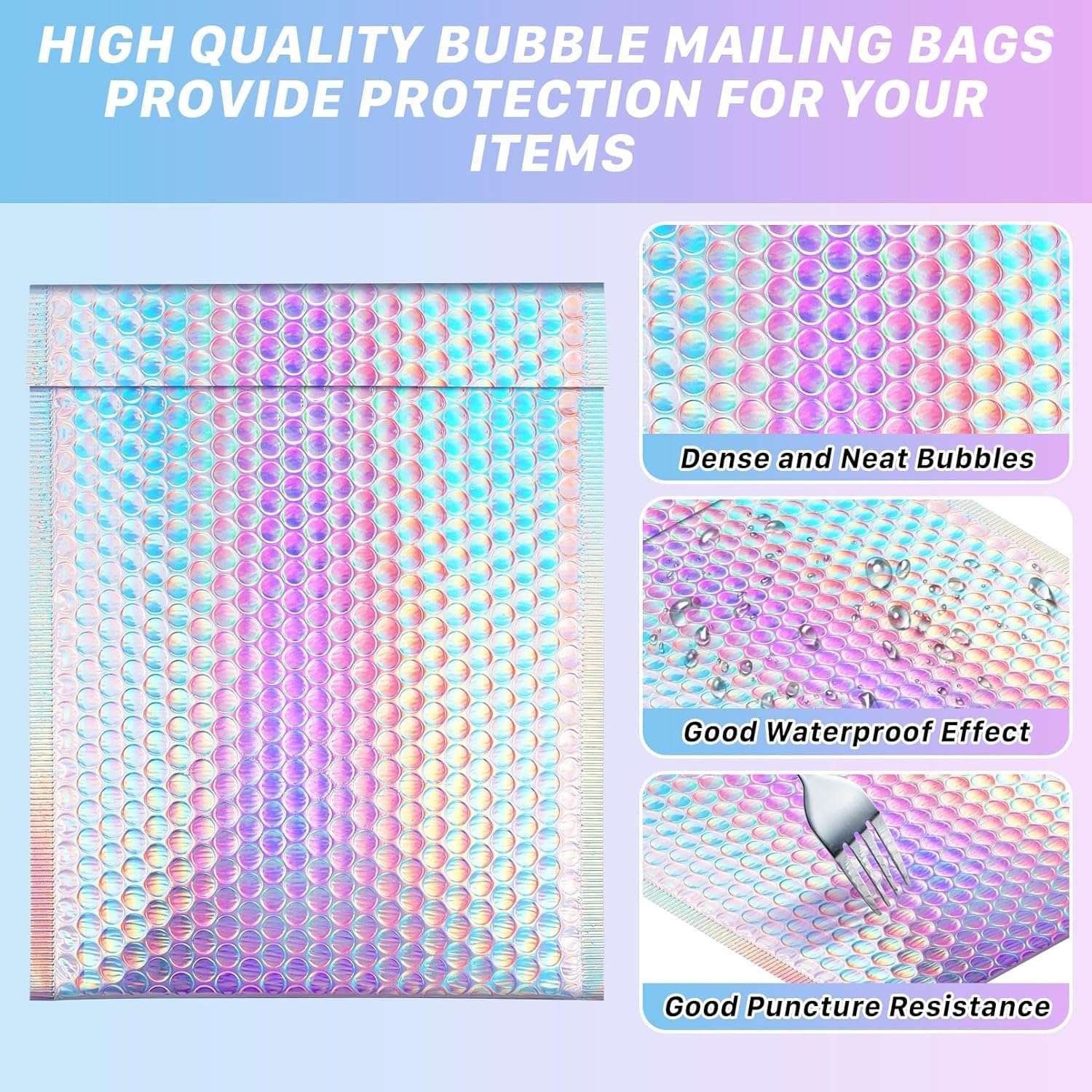 Lot de 25 enveloppes à bulles holographiques - 23 x 32 cm | Enveloppes postales autocollantes métalliques, rembourrées pour emballage d'expédition