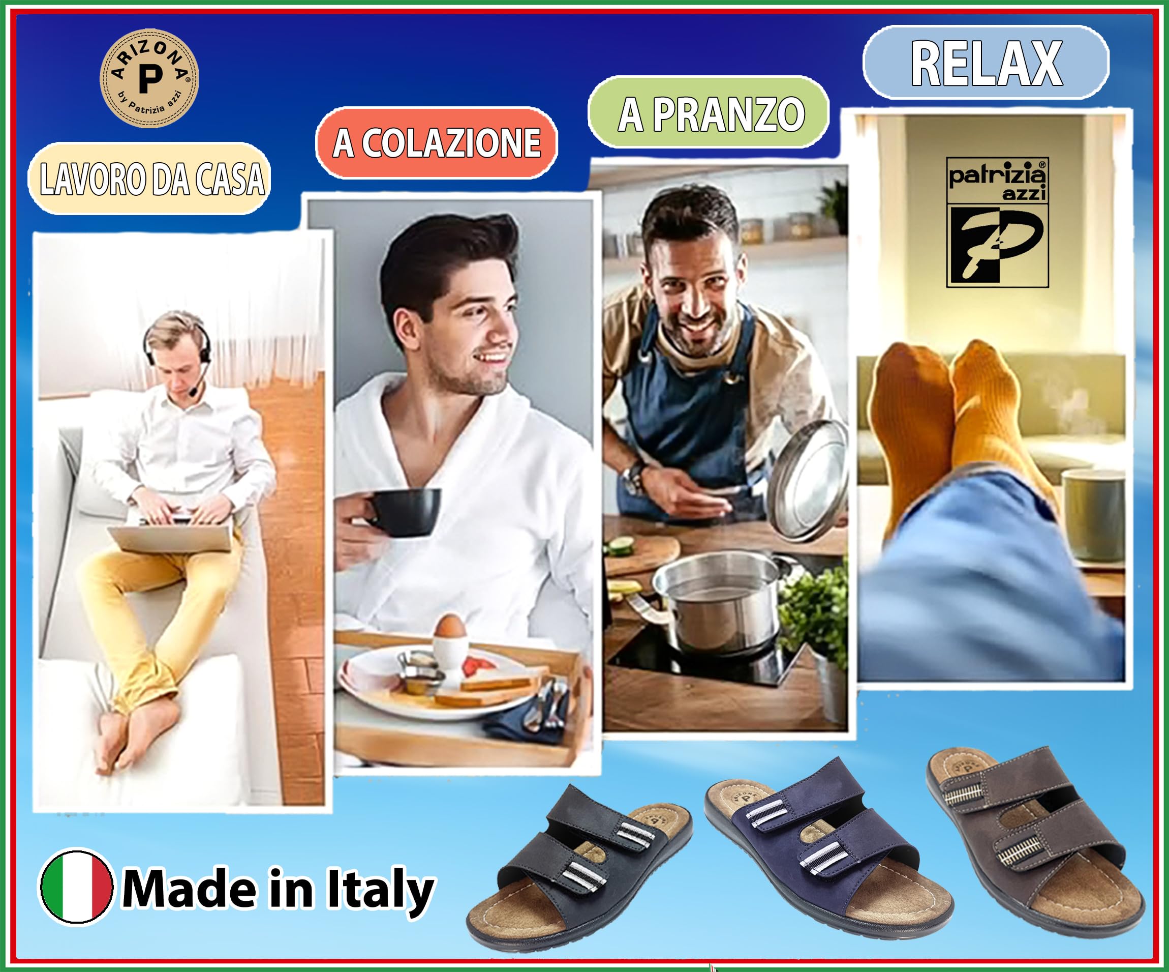 Patrizia Azzi Ciabatte Uomo MADE IN ITALY Arizona sottopiede VERA PELLE doppia fascia a strappo regolabile