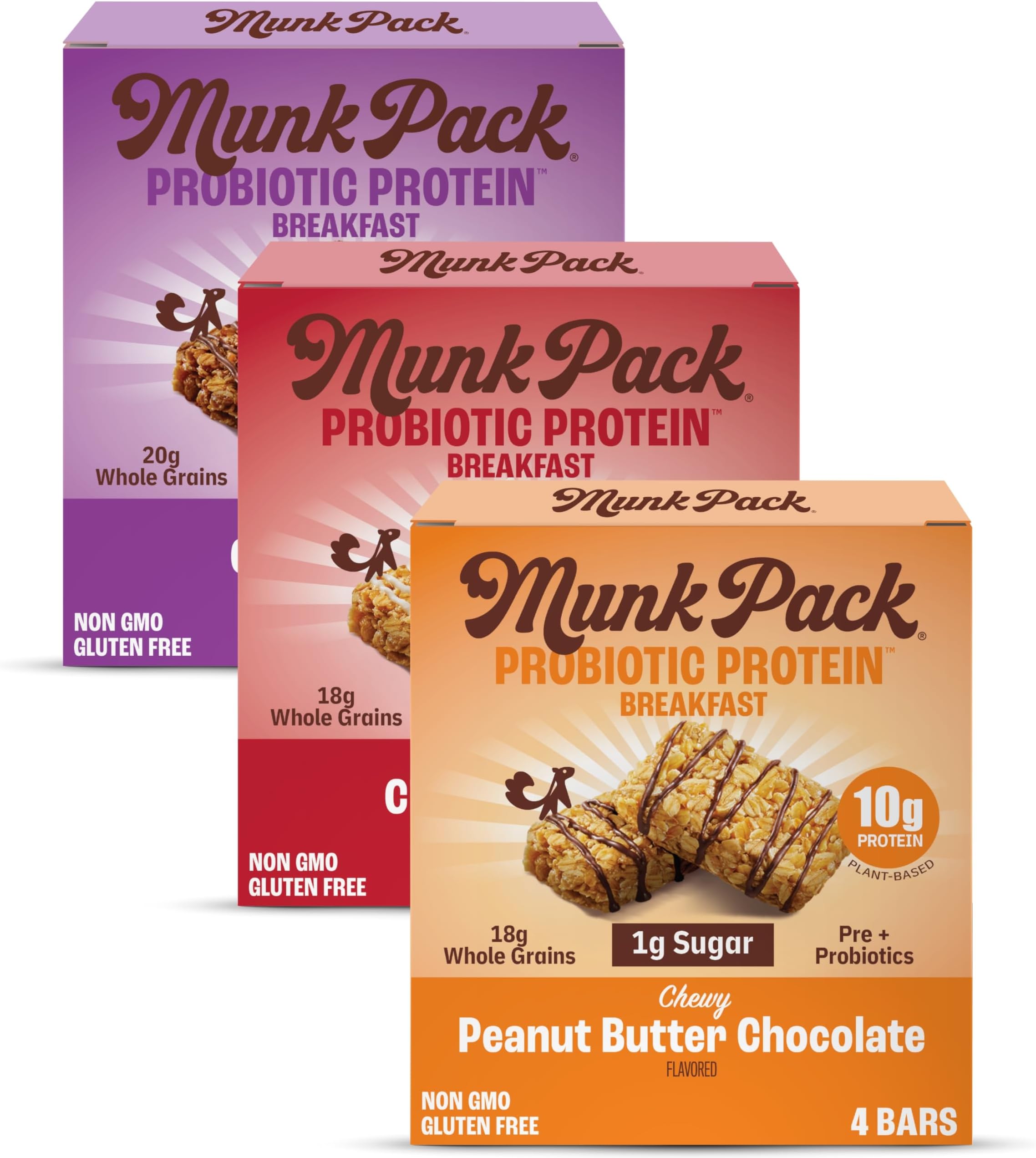 Munk Pack Variety Pack Probiotic Protein Bars | 10g Plant Protein, 1g Sugar, 6g Fiber |Diabetic-Friendly Ideal Breakfast Bars - On-the-Go Snacks, Gluten-Free, Non-GMO | 12 Count