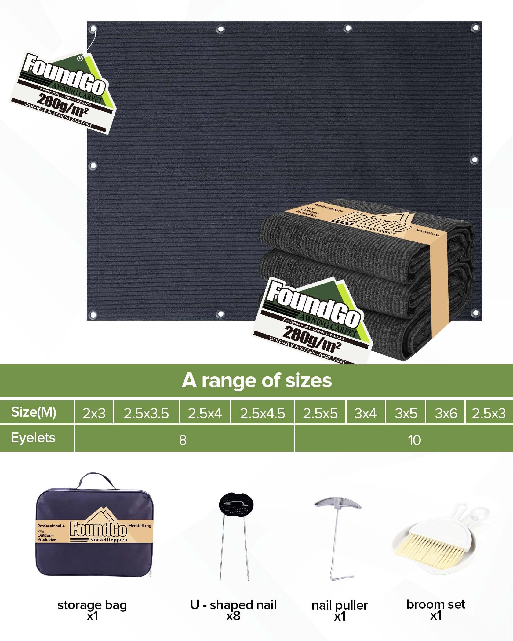 FoundGo Vorzeltteppich mit Ösen [280g/m² HDPE] Camping Teppich Outdoor Vorzeltboden inkl. Tragetasche Stahlnägel & Kleiner Besen Blau/Grau