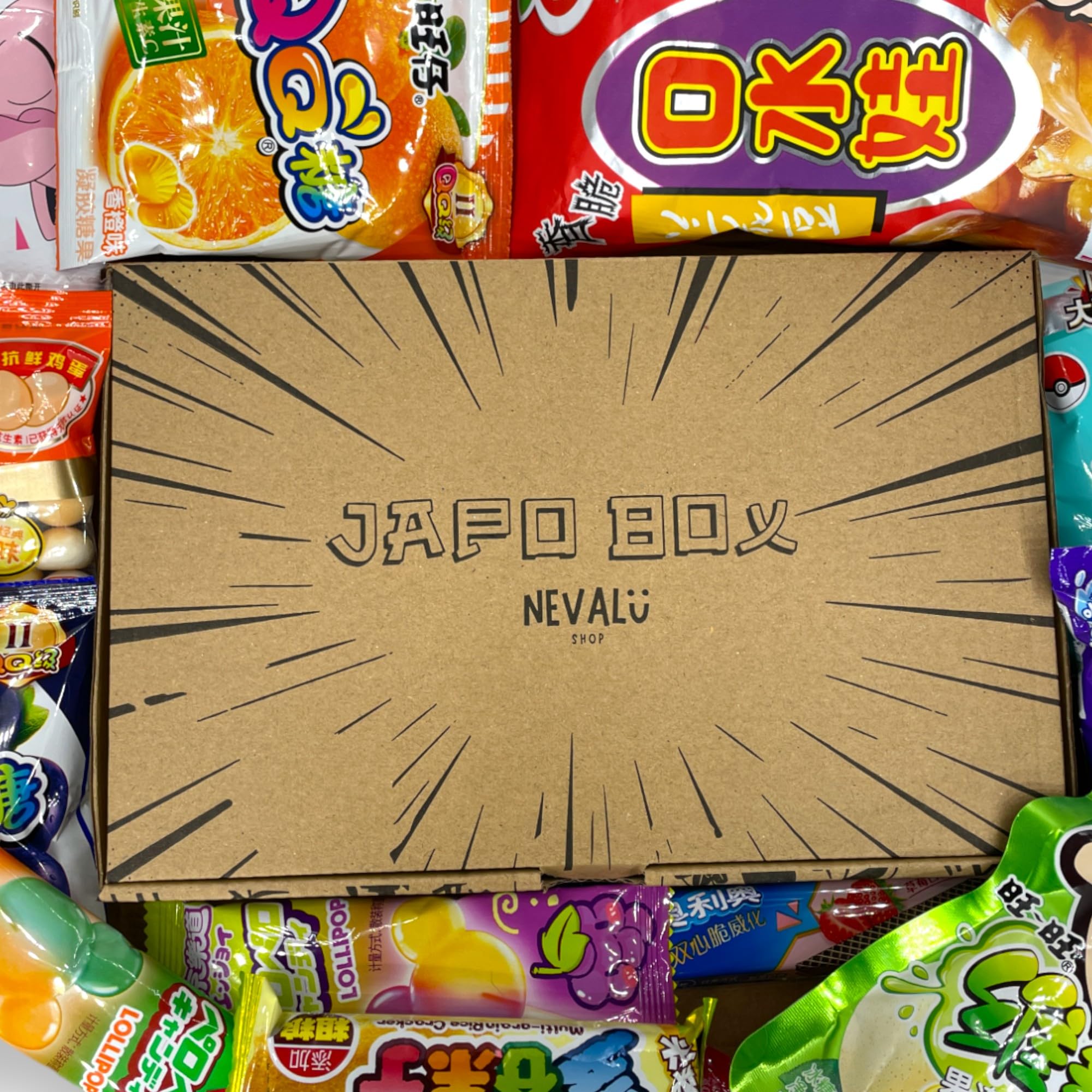 Japo Box NEVALÜ. Surtido de Productos Asiáticos. Bebidas, Snacks, Golosinas y Dulces de Asia. Delicias Asiáticas para Regalar.