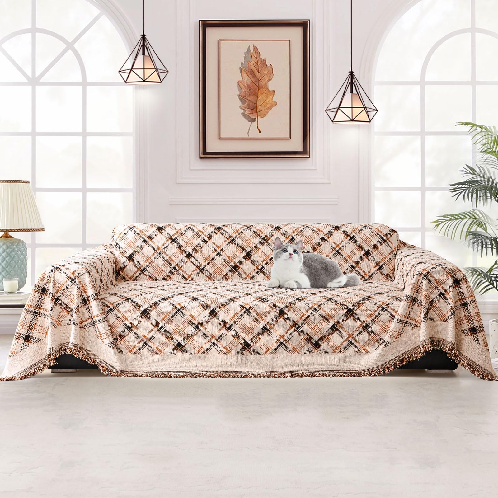 SHANNA Check Sofa Cover for 2 3 4 Seater, Chenille AB Sided Slipcover for Corner Sofa, All-Season Protection Couch Cover for Dogs, Couch Protector Loveseat Futon Cover L Shaped Sofa Cover with Tassel — image 1