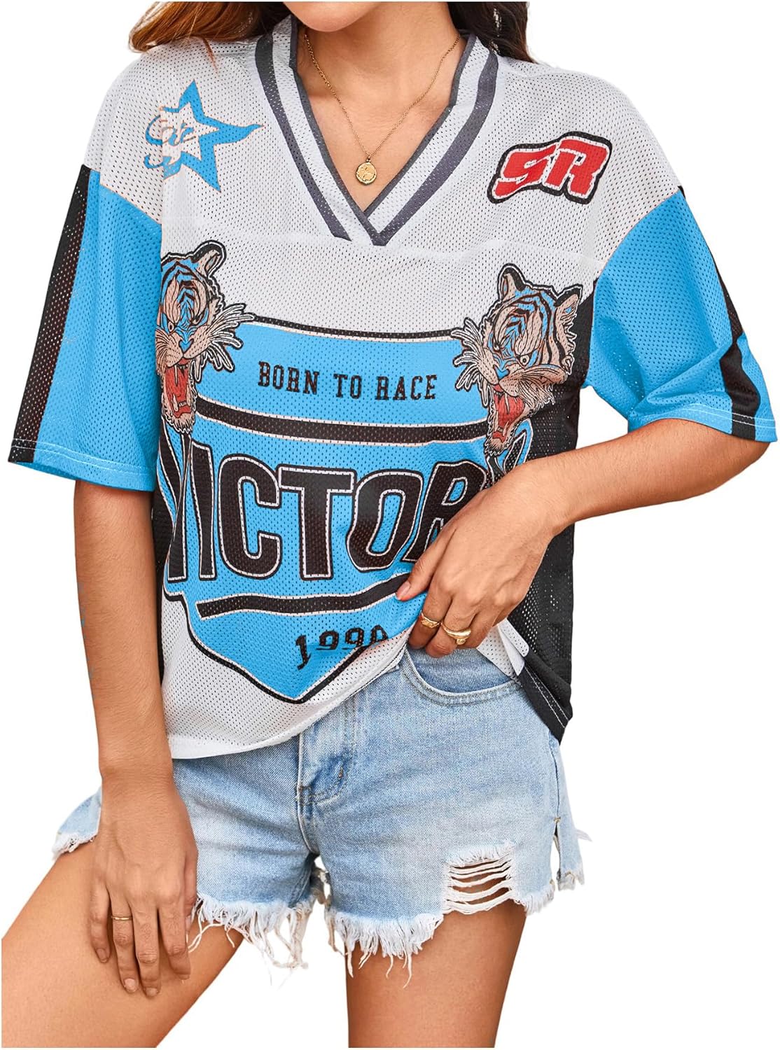 Women's Number Print Mesh Jersey Shirt Color Block V Neck Short Sleeve Football T-Shirt Large Light Blue