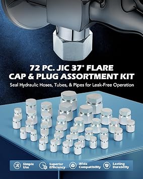 ZELCAN Hydraulic Hose Cap & Plug Kit, 72pc JIC Plug and Cap Assortment Kit with 37 Flare Thread for Dash Size 4 6 8 10 12 16, Heavy-Duty Hydraulic Hose Fitting Kit for Industrial Pipe Tube Sealing