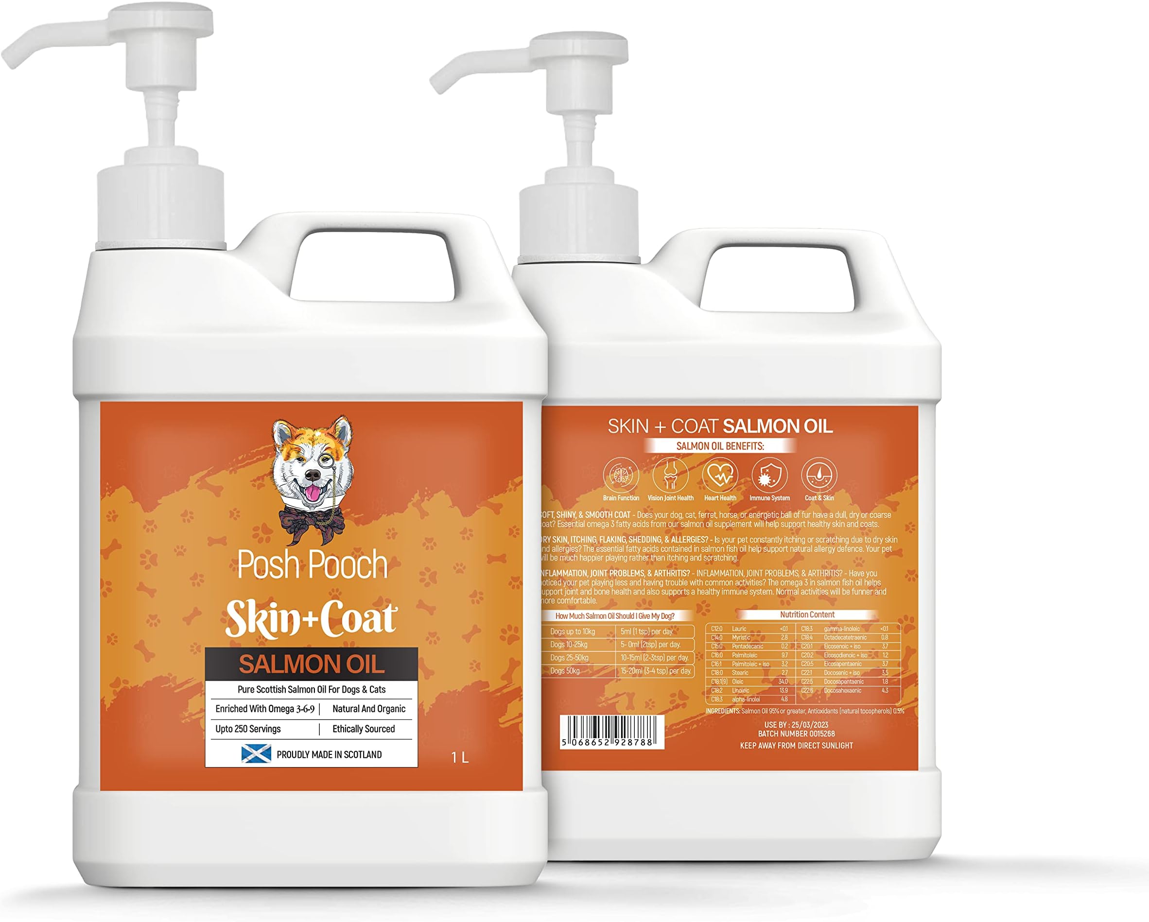 Scottish Salmon Oil For Dogs & Cats 1 Litre Omega 3,6,9 Vitamin E, Pure Fish Oil Promotes Coat, Enhanced Appetite, Relieves Itchiness, Increase Energy Kibble Supplement Booster (1 Litre (1000ml))