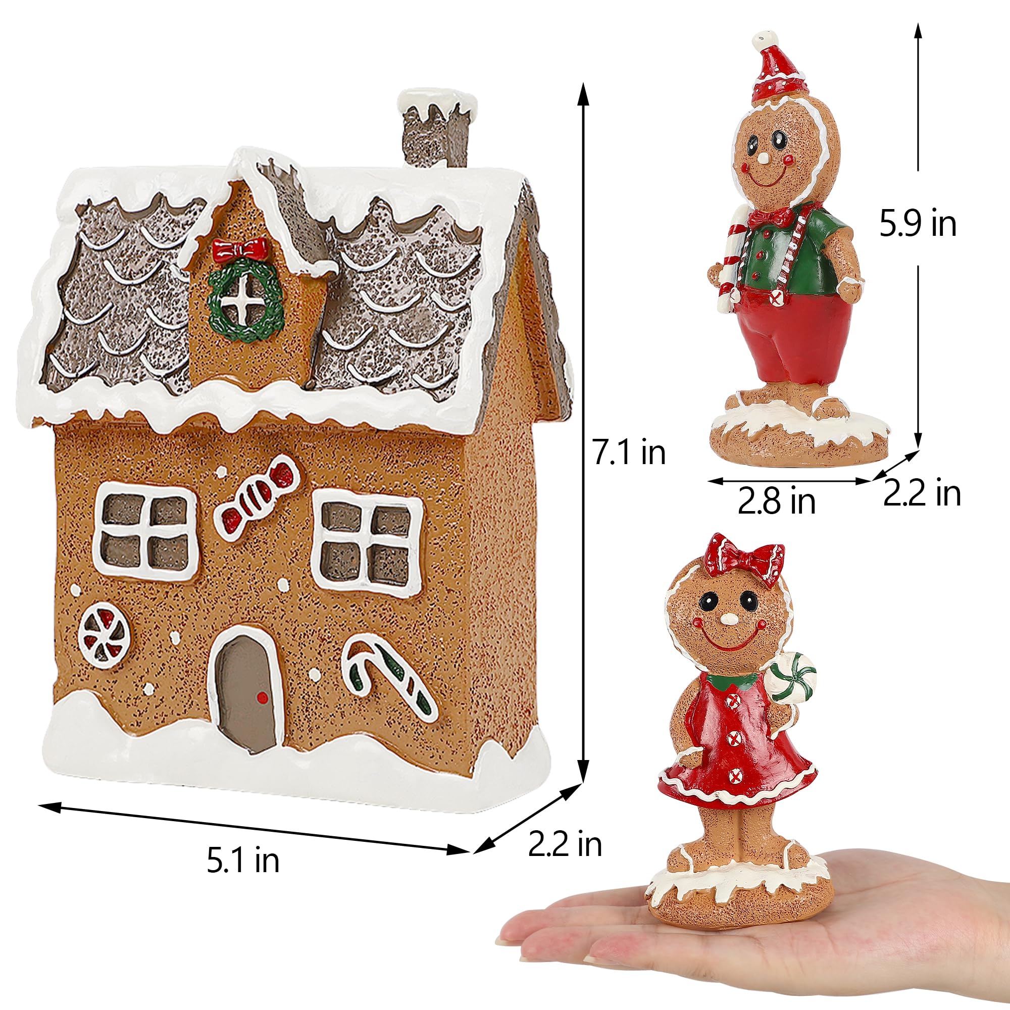 Lulu Home Christmas Tabletop Decorations, Resin Gingerbread House and 2 Gingerbread Men Figurines Adorn with Candy Cane Wreath for Indoor Holiday Fireplace Shelf Ornaments Display