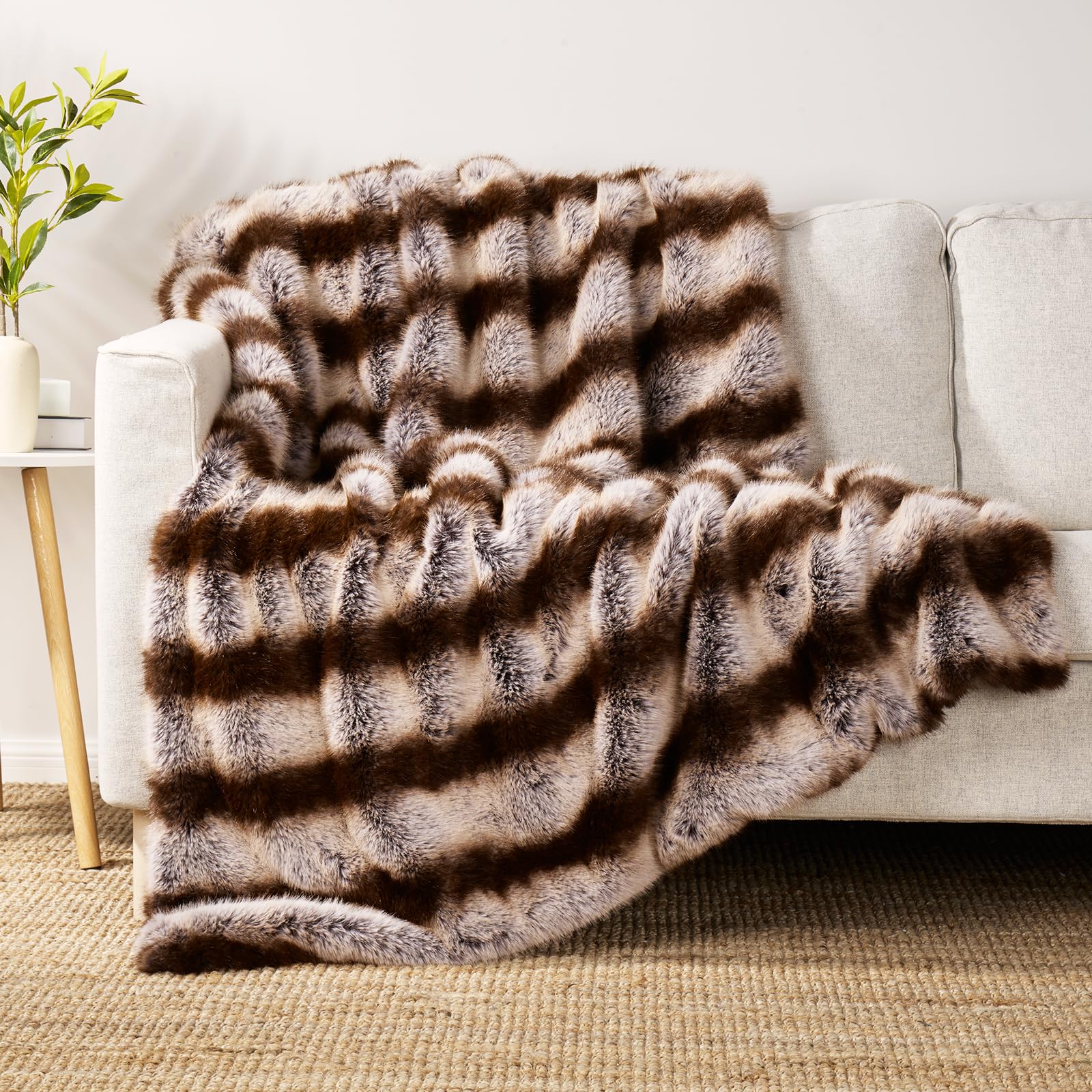 Cozy Bliss Luxury Faux Fur Throw Blanket for Couch, Extra Soft Thick Fluffy Warm Plush Striped Blanket for Sofa Bedroom Living Room (Raccoon, 50x60)