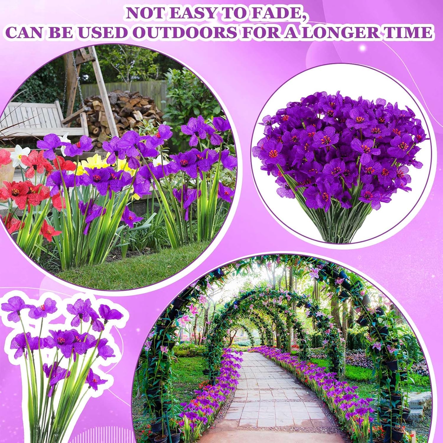 Lyrow 100 Bundles Violet Artificial Flowers, UV Resistant Faux Flowers Outdoor, Faux Silk Flowers, Fake Violet Flowers Bulk for Front Porch Hanging Garden Courtyard Farmhouse Home(Purple)