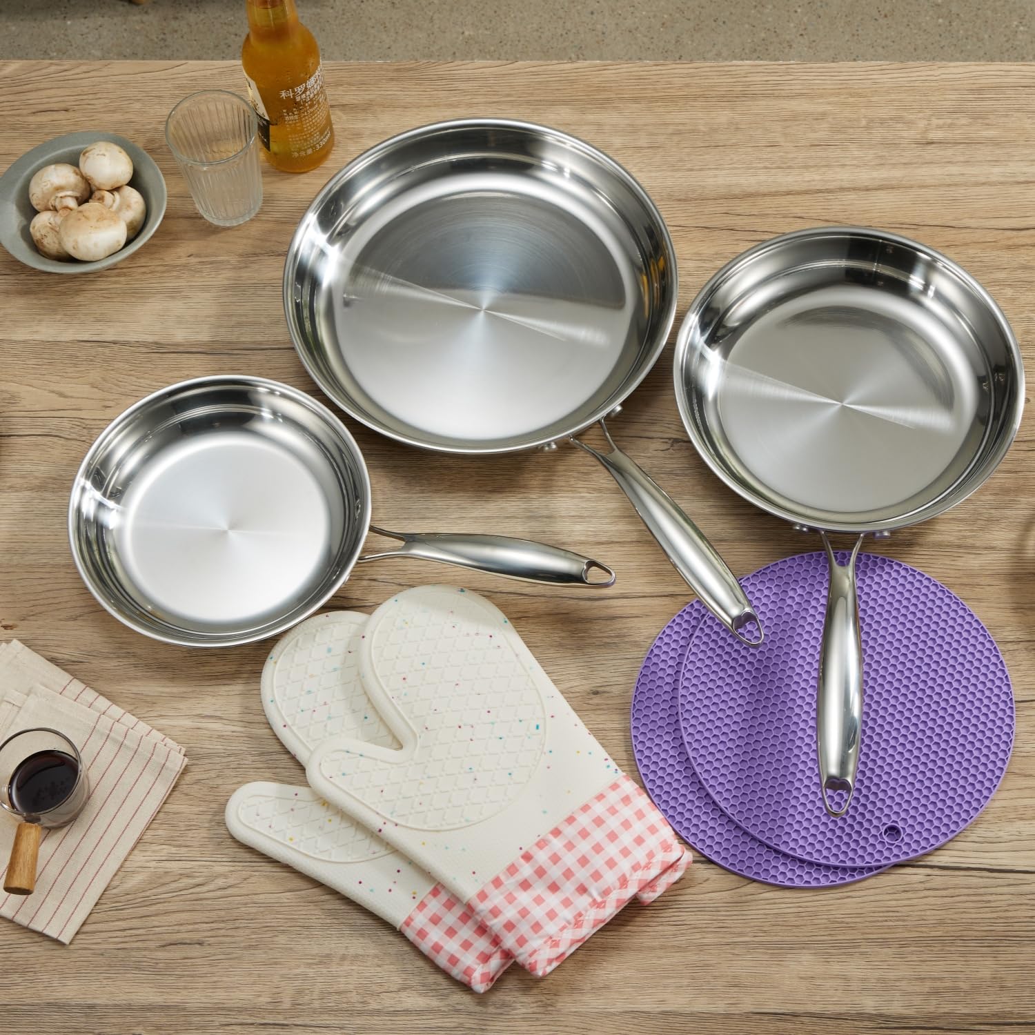 Set di 3 padelle in acciaio inox, acciaio professionale a tre strati, set di padelle, 20–25–30 cm, lucidato a specchio, induzione, padelle da cucina, padelle, resistenti alla lavastoviglie