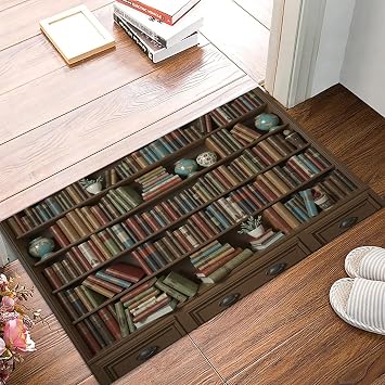 Door Mats Indoor 80x120cm, Books Ornaments Heavy Duty Door Mats, Absorbent Non Slip Floor Mat, Retro Bookshelf Welcome Entrance Doormats Machine Washable Low Profile Doormat