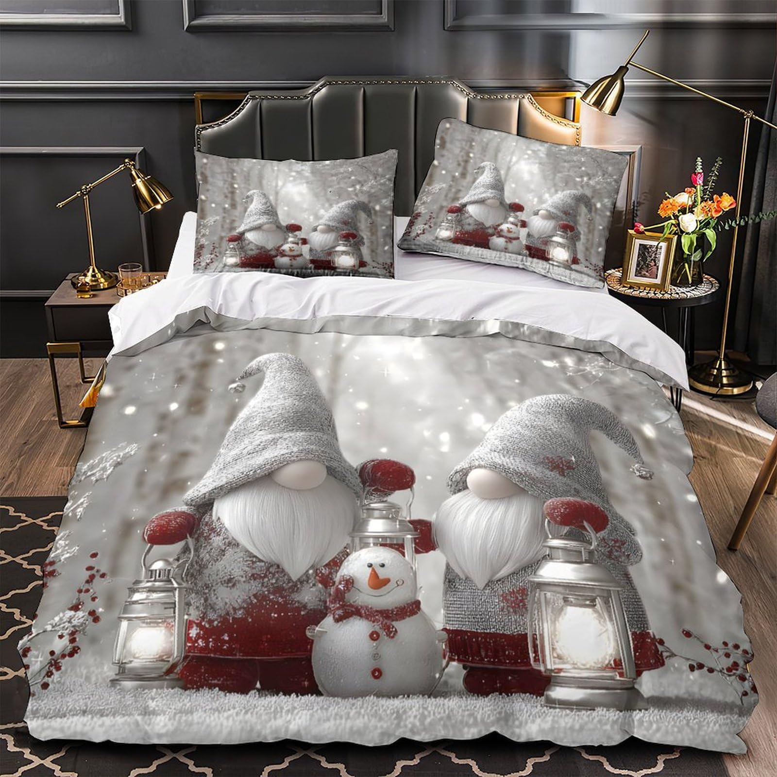 Housse de couette gnomes de Noël 140x200 parure lit microfibre hypoallergénique