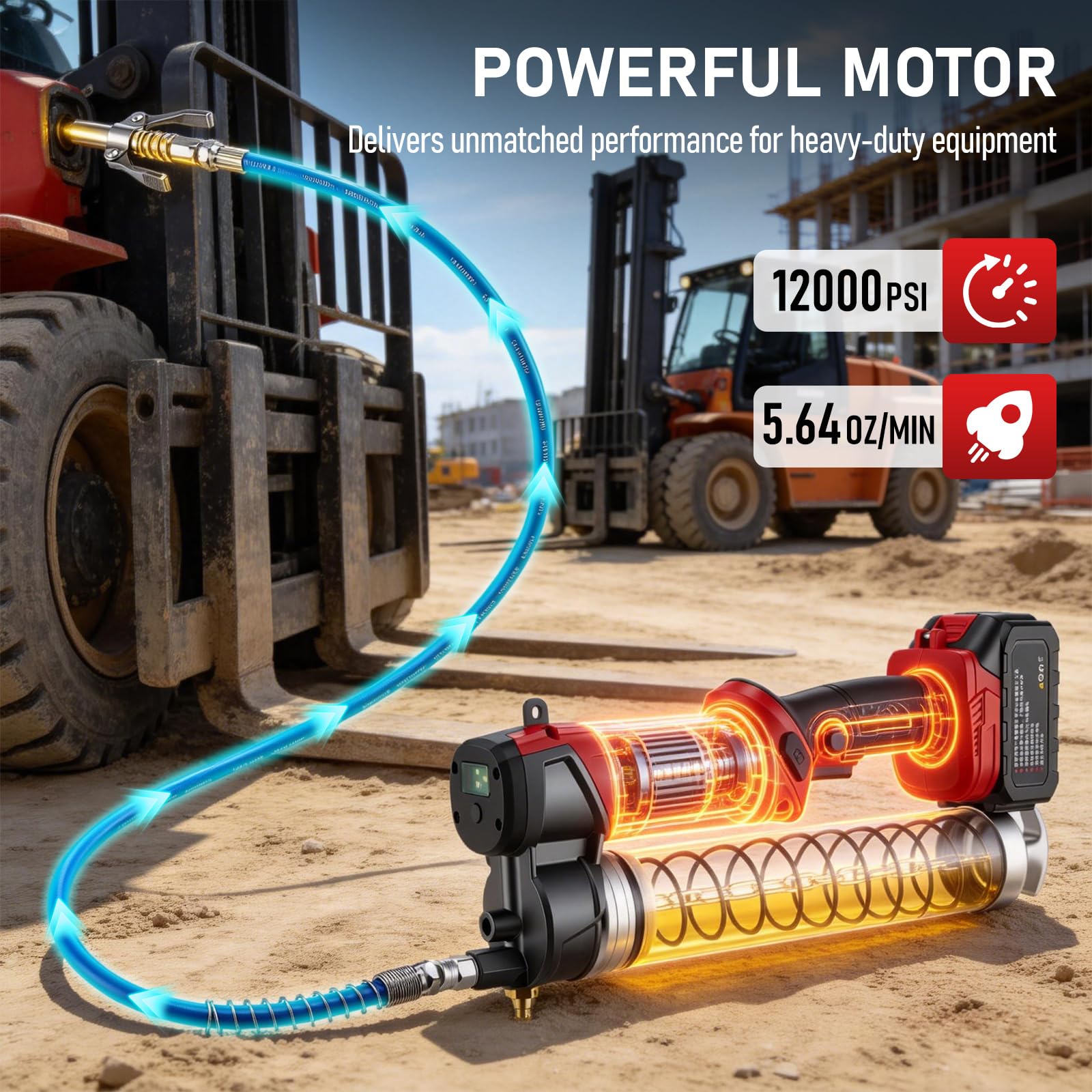 Juego de pistola de engrase con batería, 12000 psi, prensa de engrase eléctrica con 2 pilas de 4 Ah y cargador, capacidad de extracción de 5,3 oz/min, manguera e iluminación LED, desarrollada para