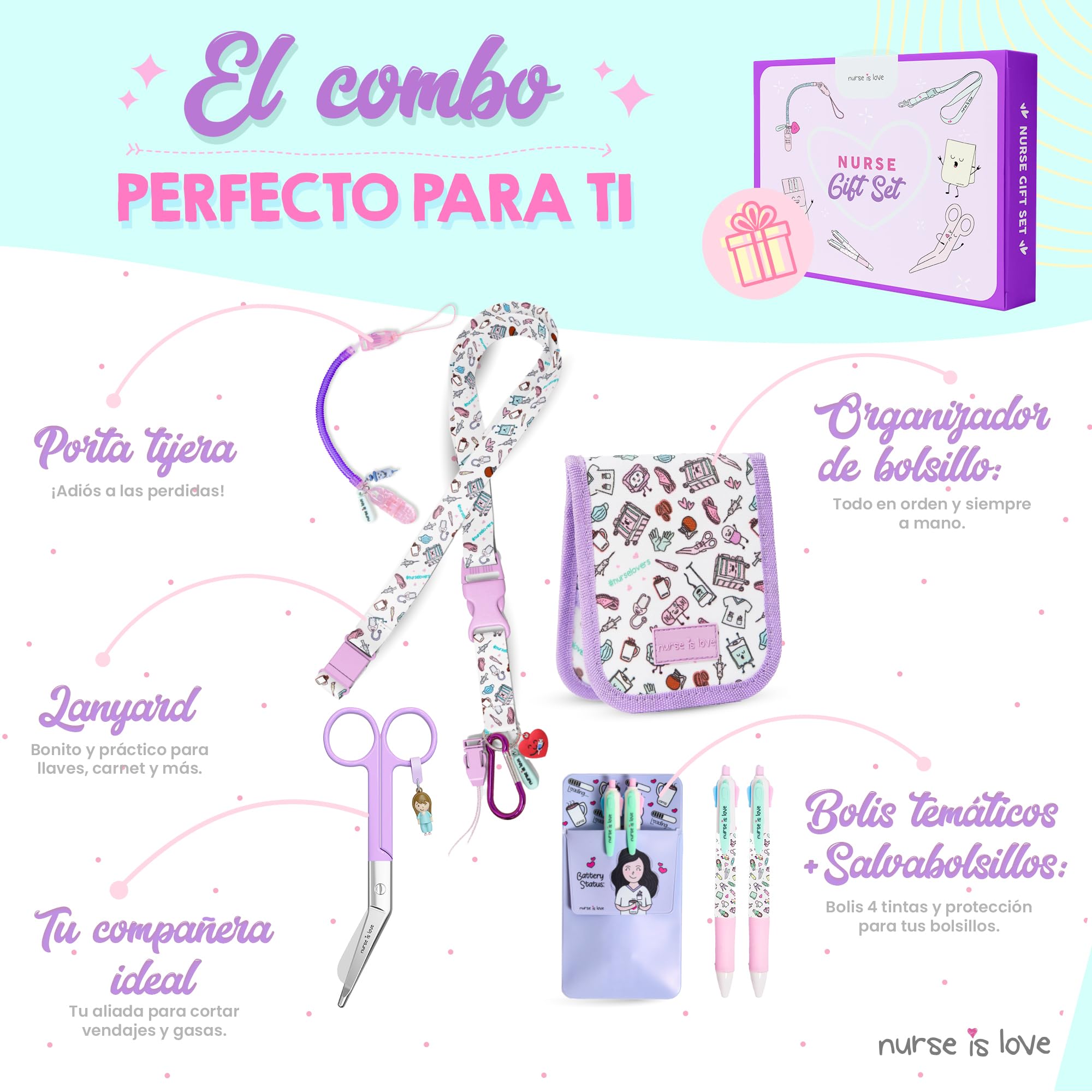 Nurse is Love Set 5 Pzas. Regalos Enfermera Original Y TCAE | Tijeras Enfermeria + Salva bolsillos Enfermeria + Bolígrafos 4 Tintas + Organizador De Bolsillo + Lanyard + Porta Tijeras | Accesorios
