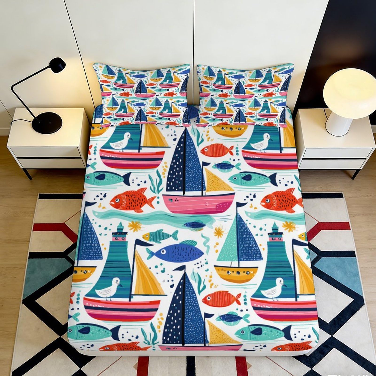 Dhbaneiok Style-2 3D Printed Nautical Sailboat Fitted Sheet Microfiber Colourful Ocean Fish Mattress Cover For Bedroom Guest Room Decor 90X200x25cm