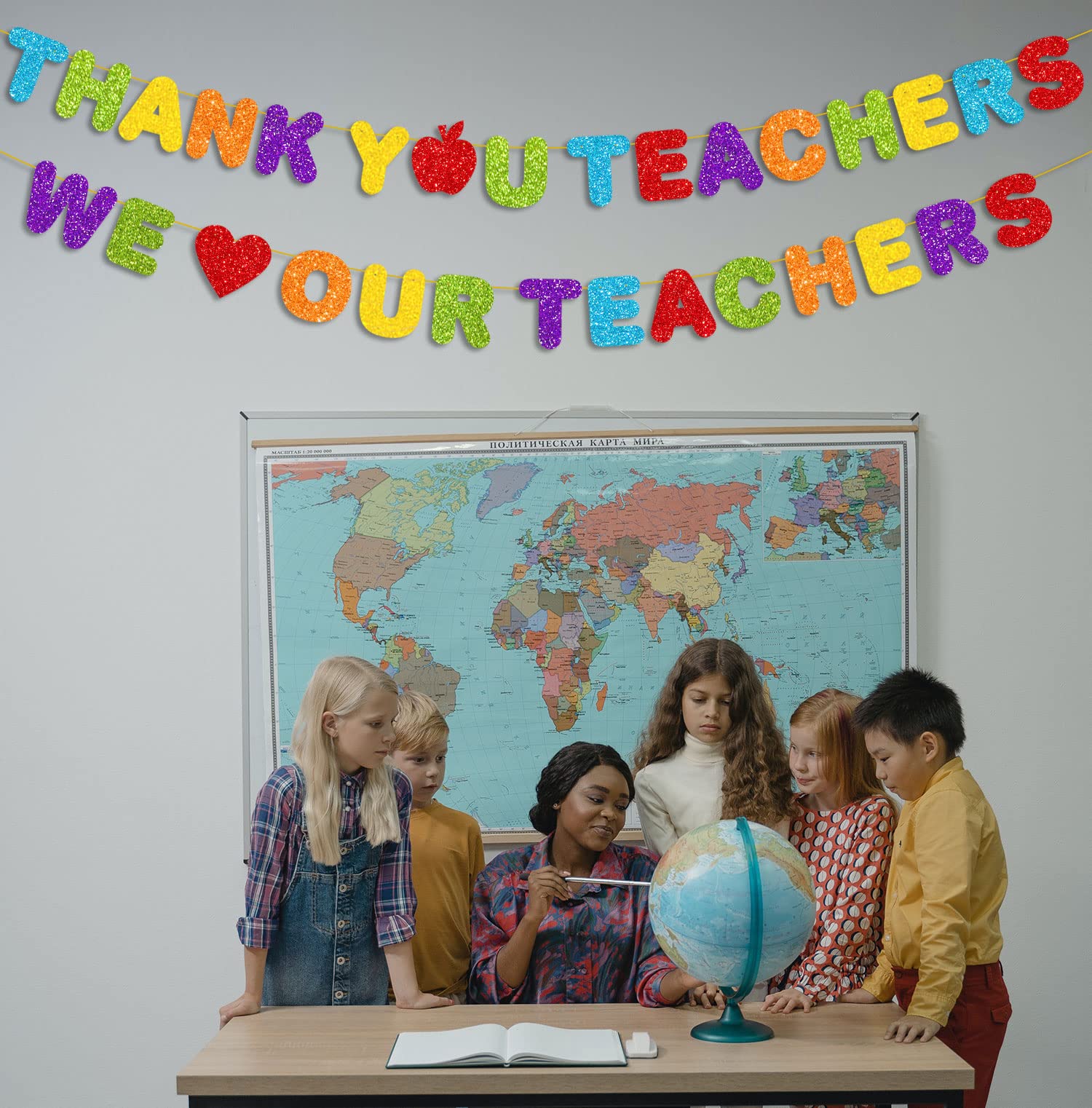 PTFNY Pancarta de agradecimiento con purpurina para profesores con texto en inglés "We Love Our Teachers" para decoración de fiesta del día del profesor