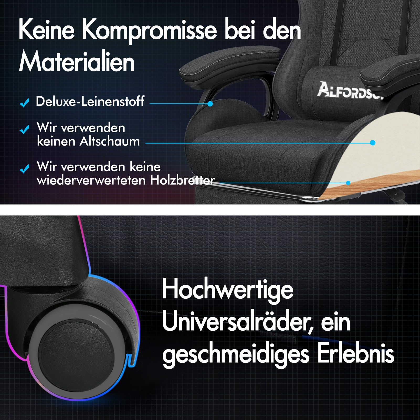 ALFORDSON Gamingstuhl, Bürostuhl, mit 2-Punkt-Massage, Fußstütze, Kopfstütze und Lendenkissen, 150° verstellbare Rückenlehne, Leinen Fabric, Dunkelgrau