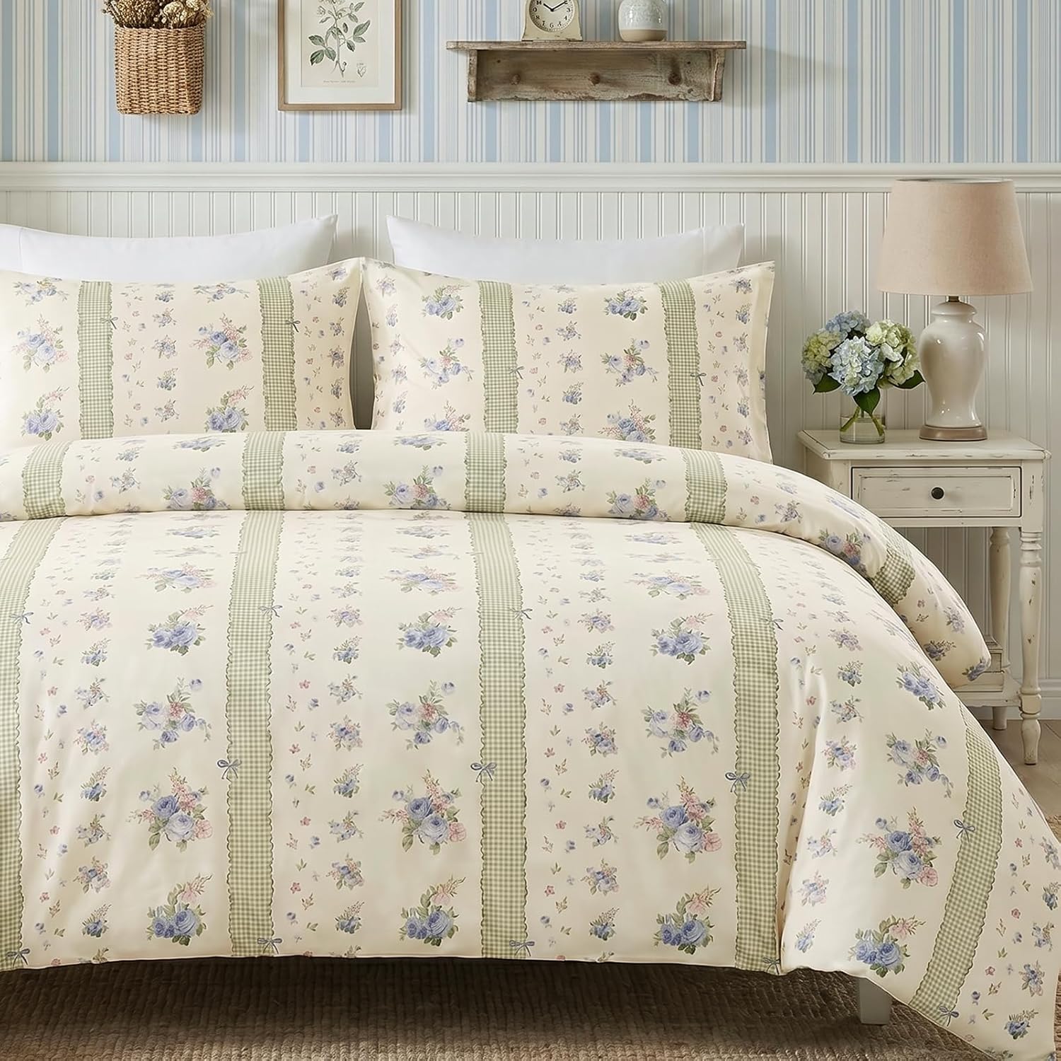 Duvet Cover Queen Size – 100% Nature Cotton Floral Stripe Bedding Set, Vintage Cottagecore Botanical Design with Zipper Closure, 3 Pieces Soft Breathable Comforter Cover Set