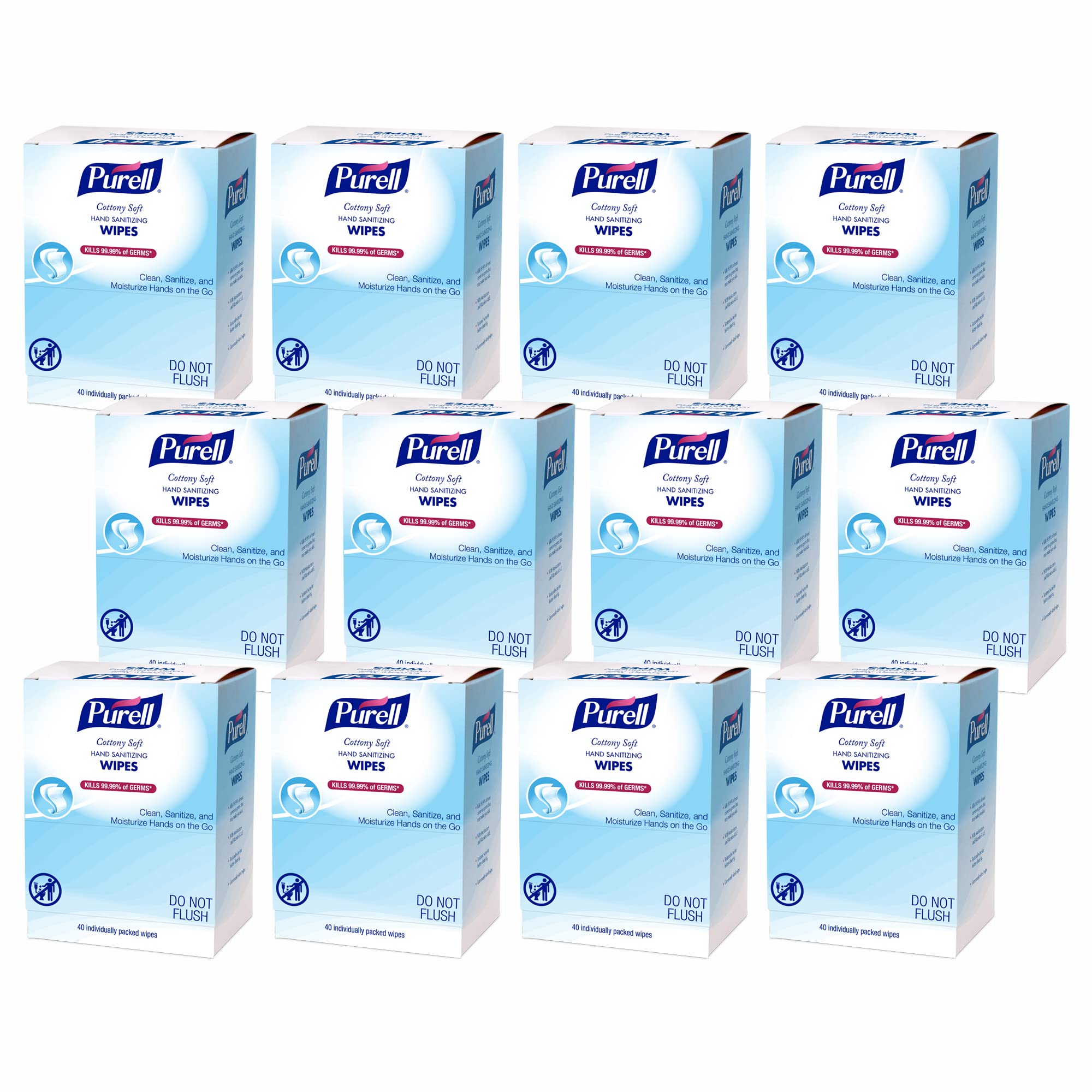 PurellCottony Soft Hand Sanitizing Wipes, Individually Wrapped, 40 Individually Packed Sanitizing Wipes in Self Dispensing Display Box (Case of 12) - 9025-12