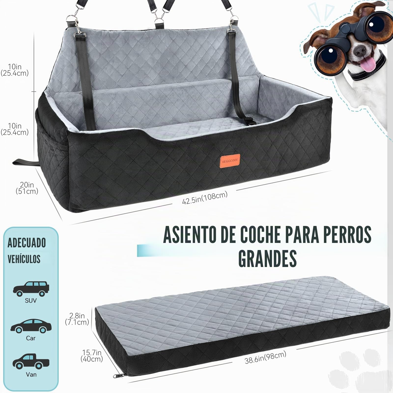 HEGGCOOE Asiento de Coche Grande para Perros de Menos de 100 Libras, Cama Lavable para 2 Perros medianos, Asiento de Coche Desmontable para Mascotas con Correas de Seguridad y Bolsillos de