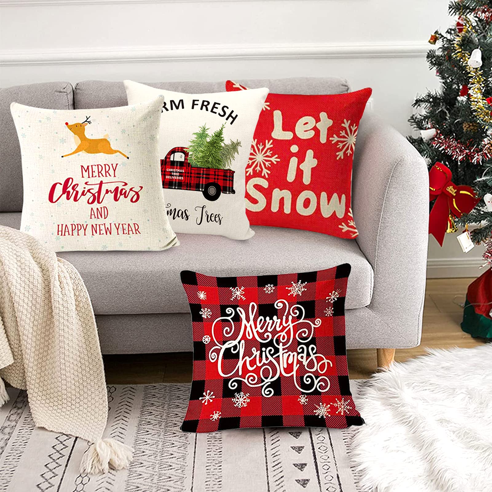 6 Federe Per Cuscini 45x45 Cm Con Motivi Natalizi (cervo, Albero, Babbo Natale), In Cotone E Lino, Con Cerniera Invisibile, Solo Fronte Stampata, Retro Beige - 2