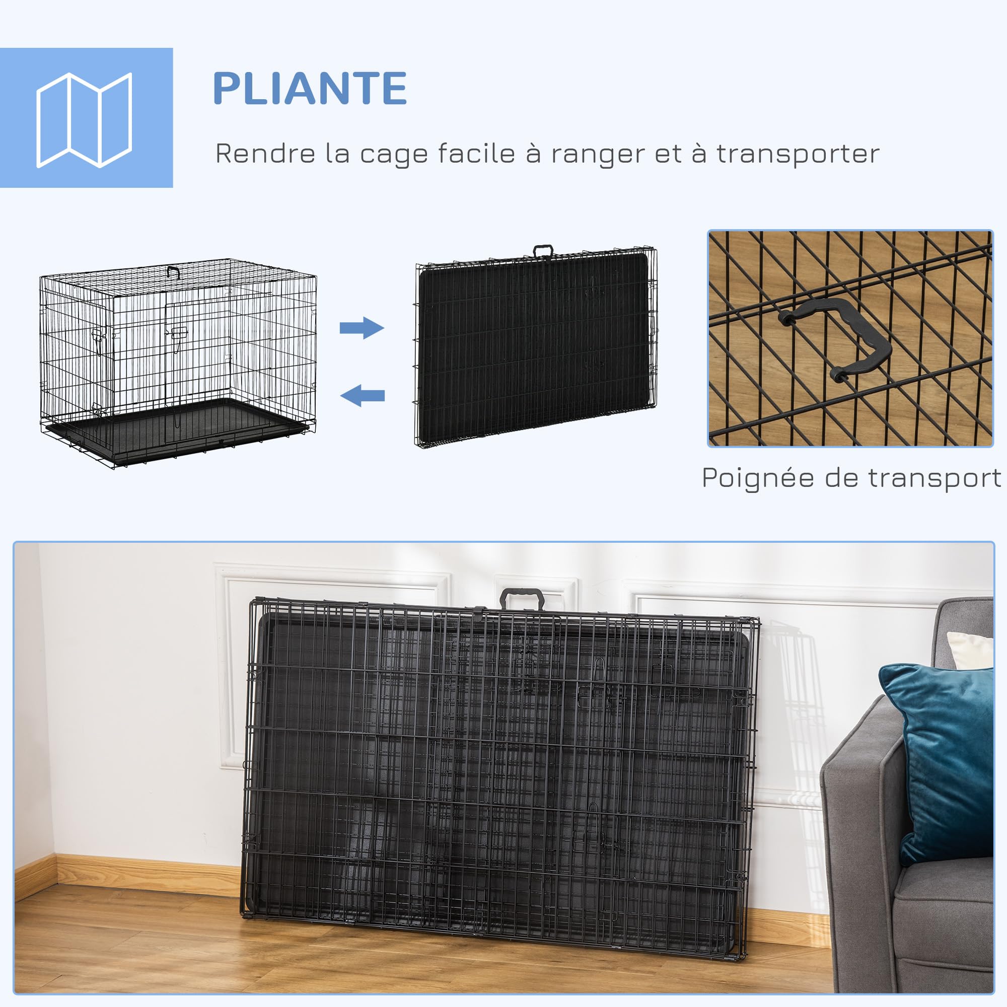 PawHut Cage pour Chien Pliable en Acier Métallique 2 Portes Verrouillables Plateau Amovible 106x68x76 cm Noir
