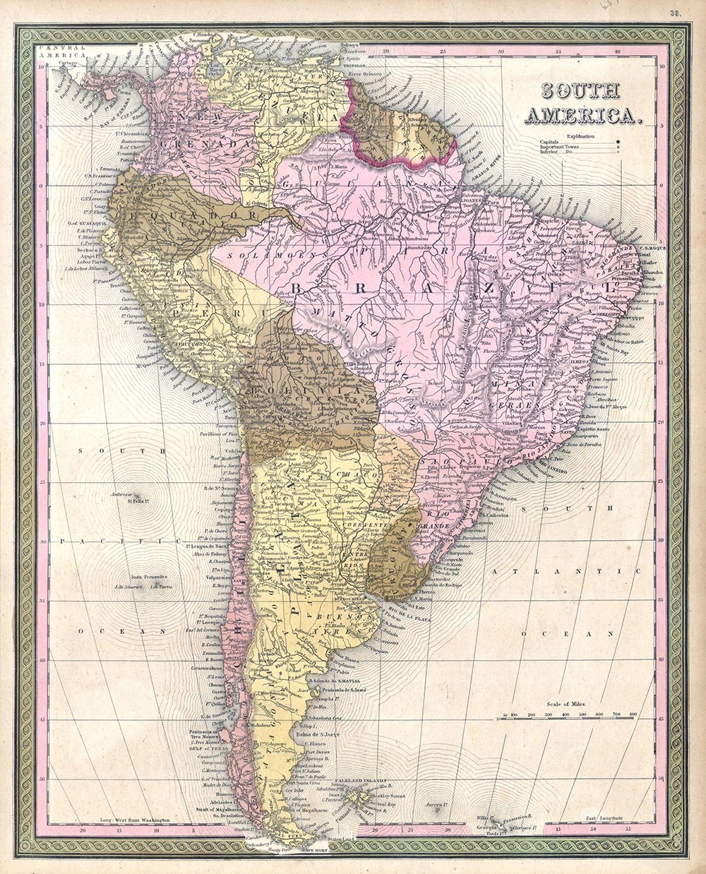 Mapa cartográfico de Sudamérica Mitchell 1850, lámina decorativa vintage pequeña