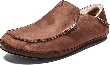 OLUKAI Moloa Slipper, Men's Premium Leather Slip-On Shoes, Soft Genuine Shearling Lining & Gel Insert, Drop-In Heel & All-Day Comfort