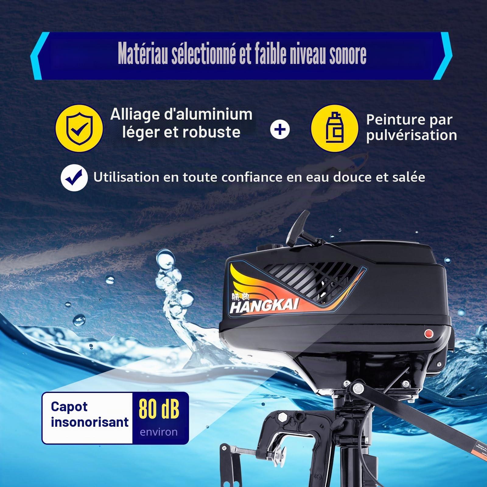Moteur hors-bord 3,6 CV 2 temps 55 cc - Moteur hors-bord - Système de refroidissement à eau - Pour bateaux gonflables, bateaux de pêche, voiliers et petits yachts