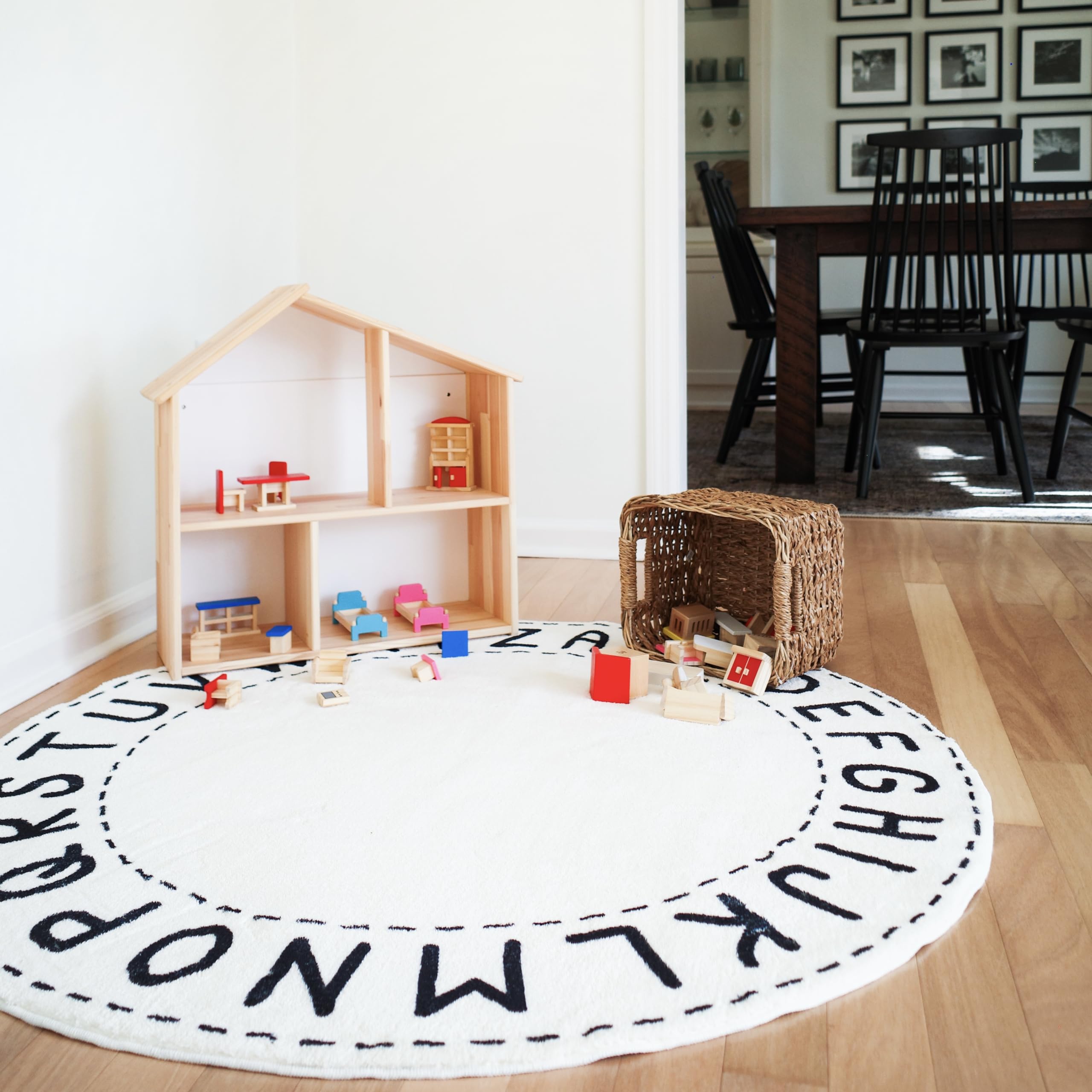 ACR Home Machine Washable 40 inch ABC Kids Rugs for Playroom Rug - Black White Gender Neautral Round Non Slip Nursery ABC Rug