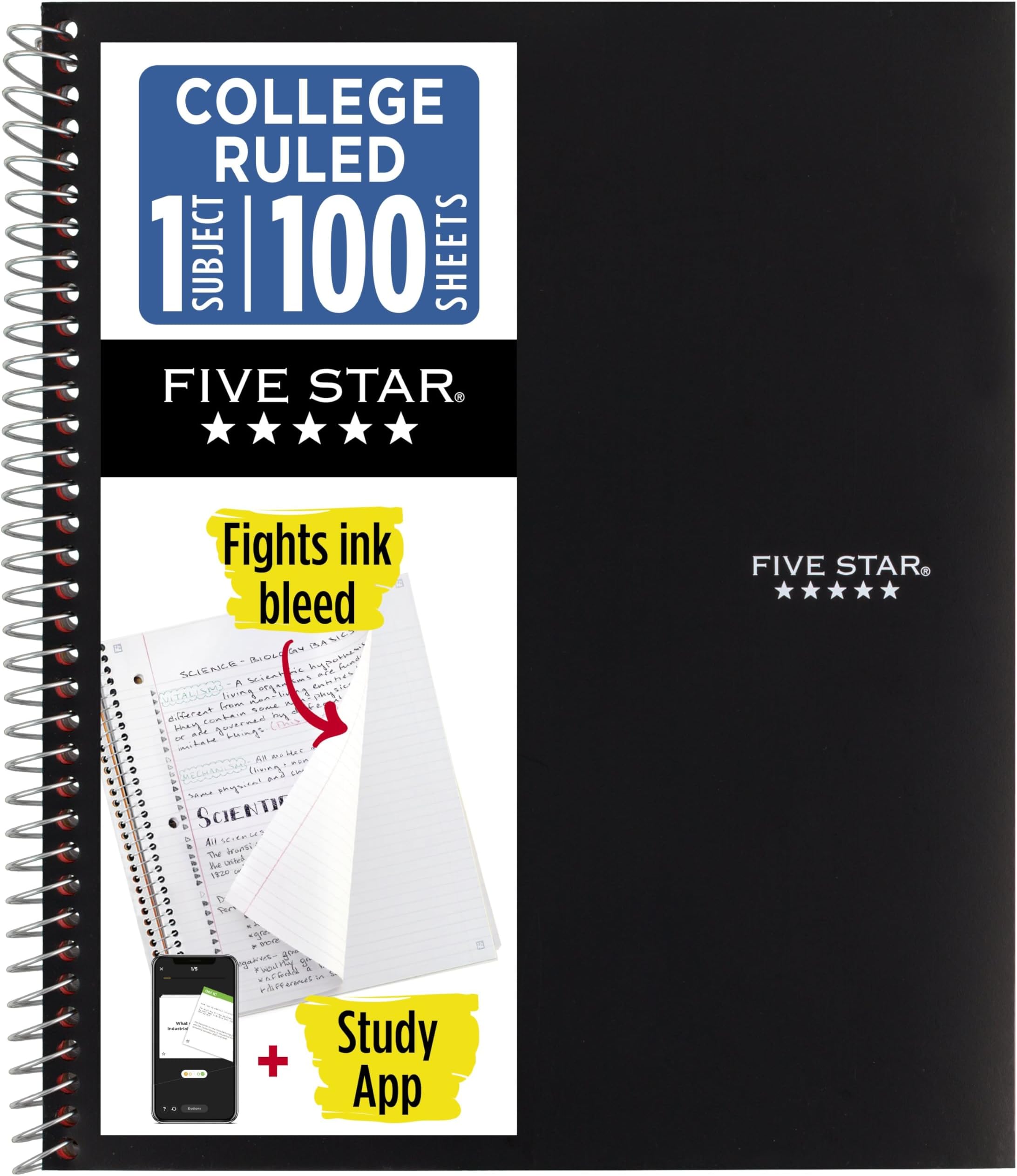 Five Star Spiral Notebook + Study App, 1 Subject, College Ruled 8.5" x 11" Paper, 100 Sheets, Black (72057)