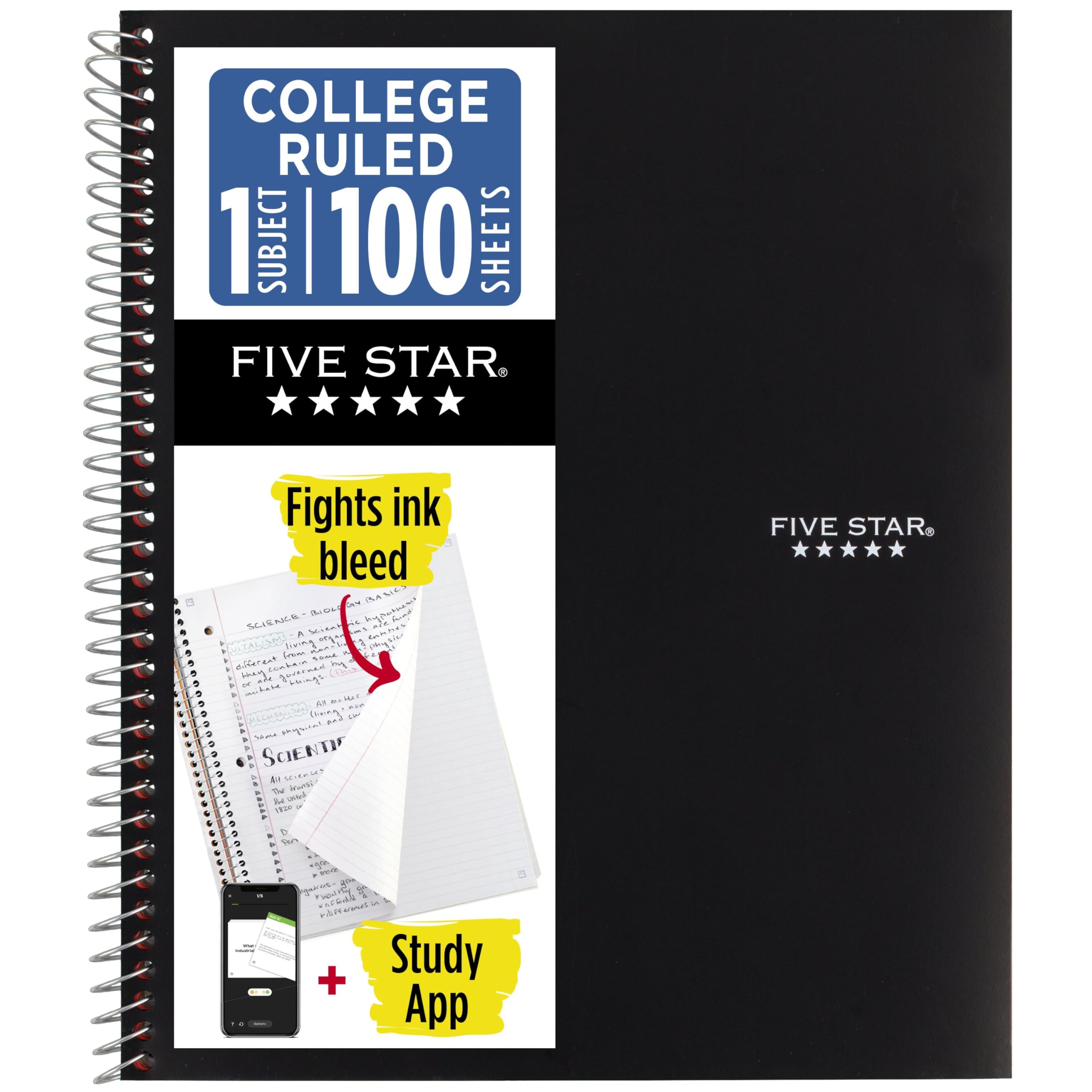 Five Star Spiral Notebook Plus Study App, 1 Subject, College Ruled Paper, 100 Sheets, 8-1/2" x 11", Forest Green (72055) (Pack of 12)