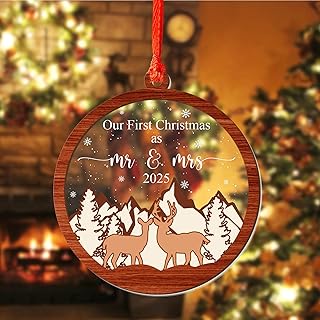 Our First Christmas As Mr and Mrs Ornament 2025, Cute Deer Couple Married 3.75" - 2 Layer Ornament, First Christmas Married Newlywed Gifts for Couples - Bridal Shower, Just Married, Wedding Gifts