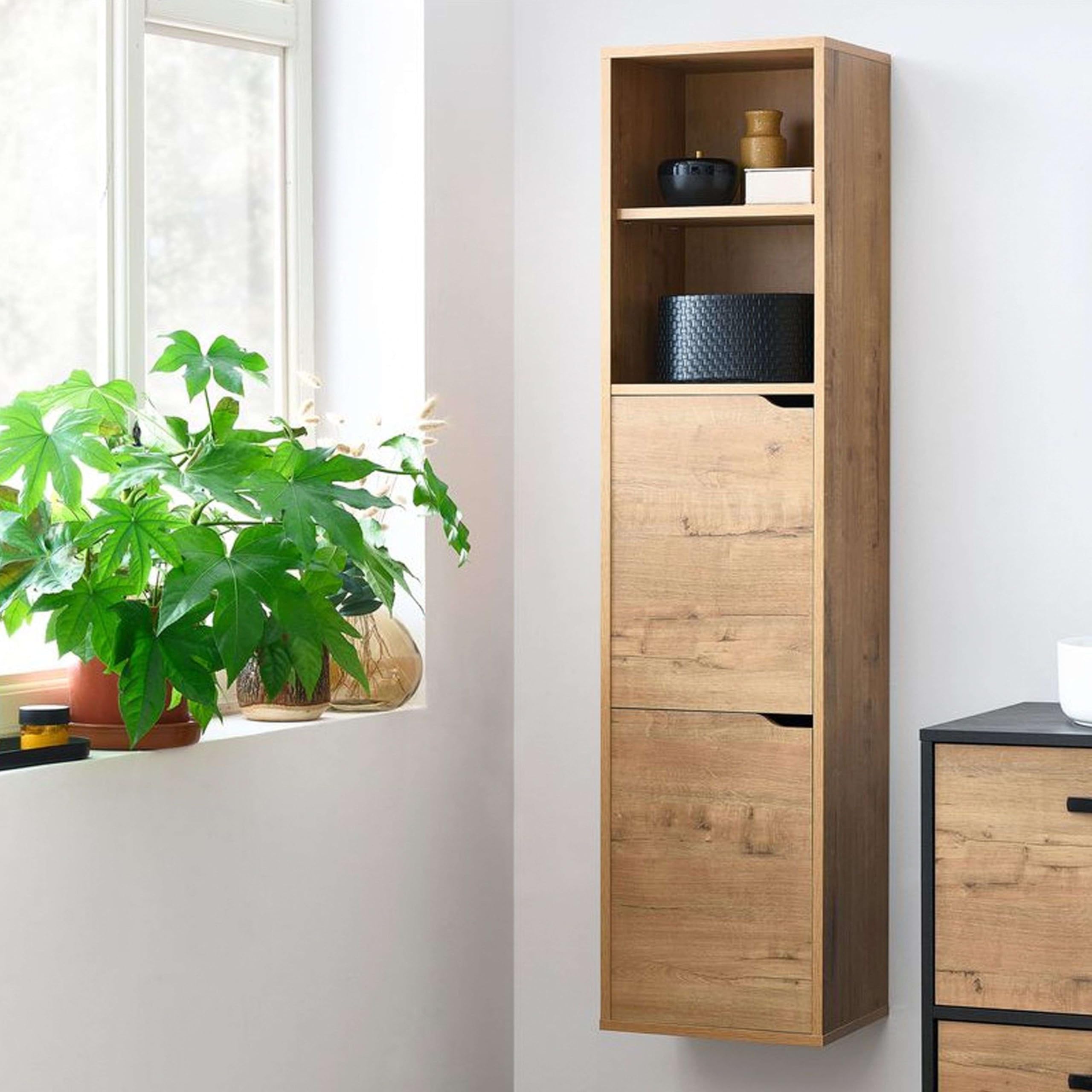 MUEBLES PITARCH | Columna de Baño Colgada Herrajes incluidos, Armario de Baño con 4 estantes, 2 Puertas, Roble Gold, 150x36,5x30cm (Alto x Ancho x Fondo), Mueble Auxiliar, Moderna, Modelo Nadia