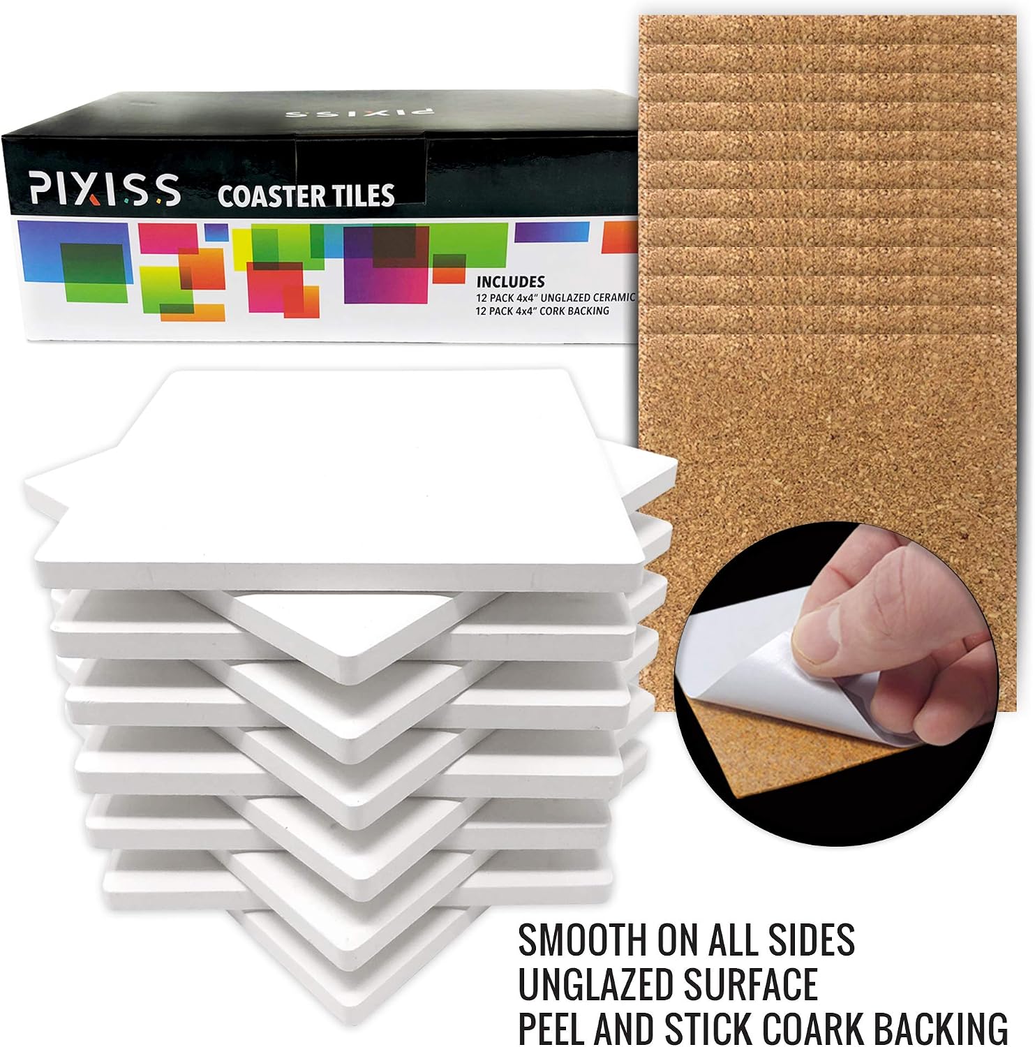 100 Pack Ceramic Tiles for Crafts Coasters, Ceramic White Tiles Unglazed 4x4 with Cork Backing Pads, Use with Alcohol Ink or Acrylic Pouring, DIY Make Your Own Coasters, Mosaics, Painting Projects