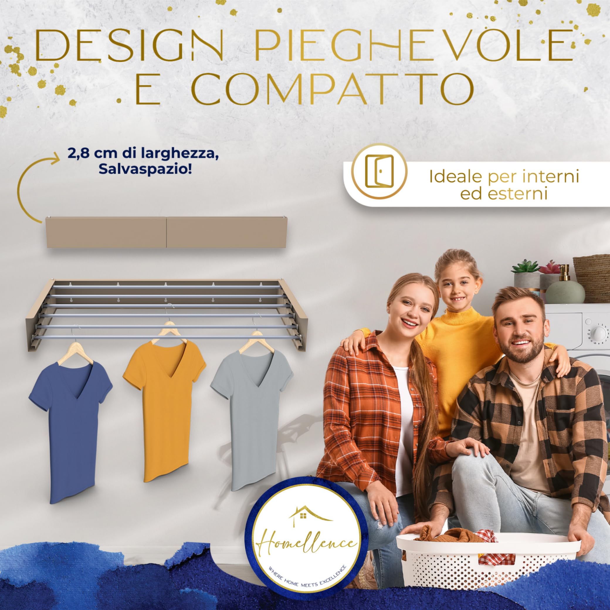 Homellence | Stendibiancheria a Parete | Stendino Salvaspazio Pieghevole da Muro | Stendino Estensibile per Interni ed Esterni | Bagno, Lavanderia | Acciaio Inox Resistente (Beige/Cappuccino, 100 cm)