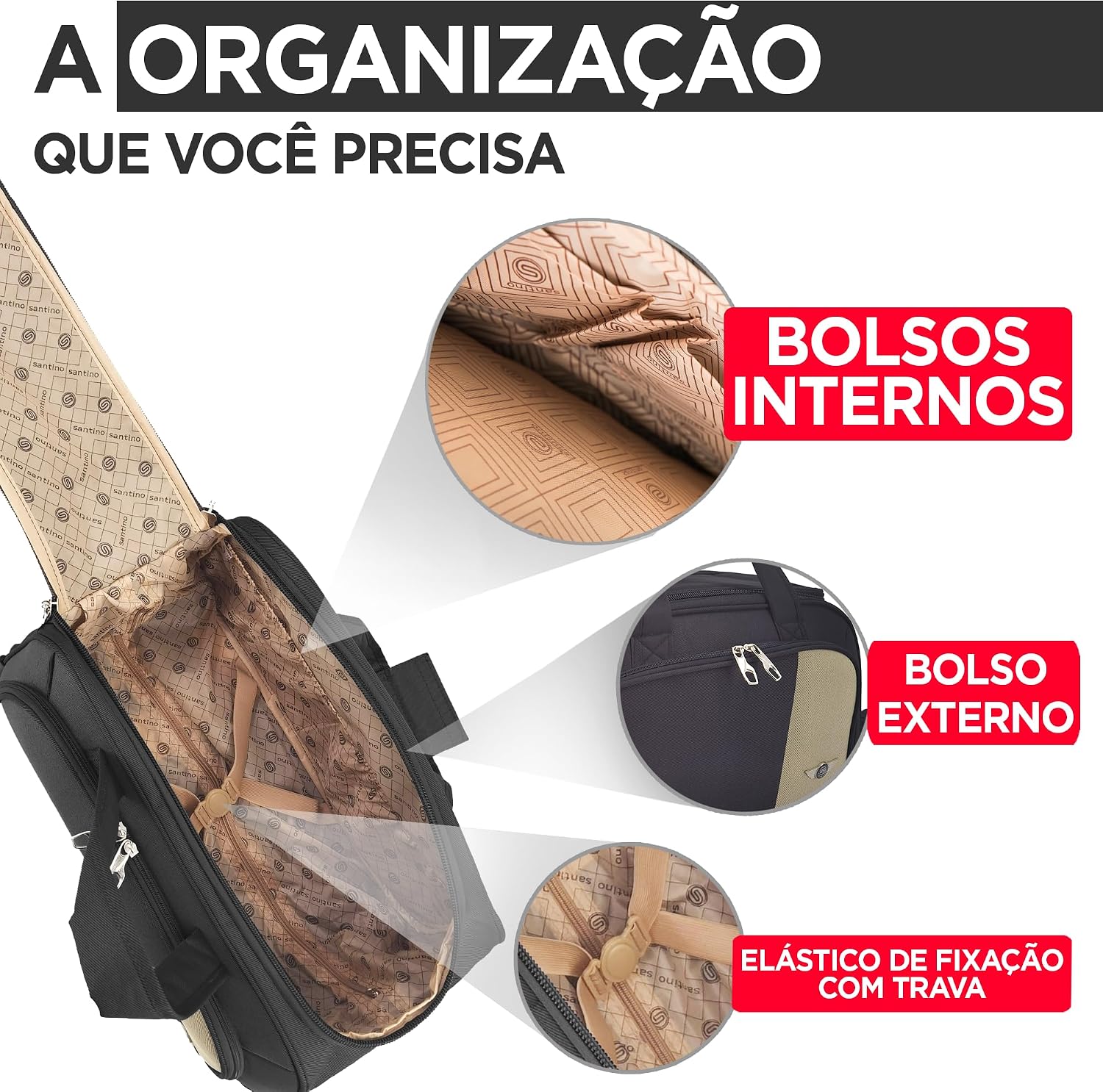 SANTINO Bolsa de Viagem Poliéster com Rodinhas Puxador Retrátil Amplo Espaço Alças Reforçadas Cadeado Leve Versátil Bordo SANTINO Bolsa de Viagem Poliéster com Rodinhas Puxador Retrátil Amplo Espaço Alças Reforçadas Cadeado Leve Versátil Bordo