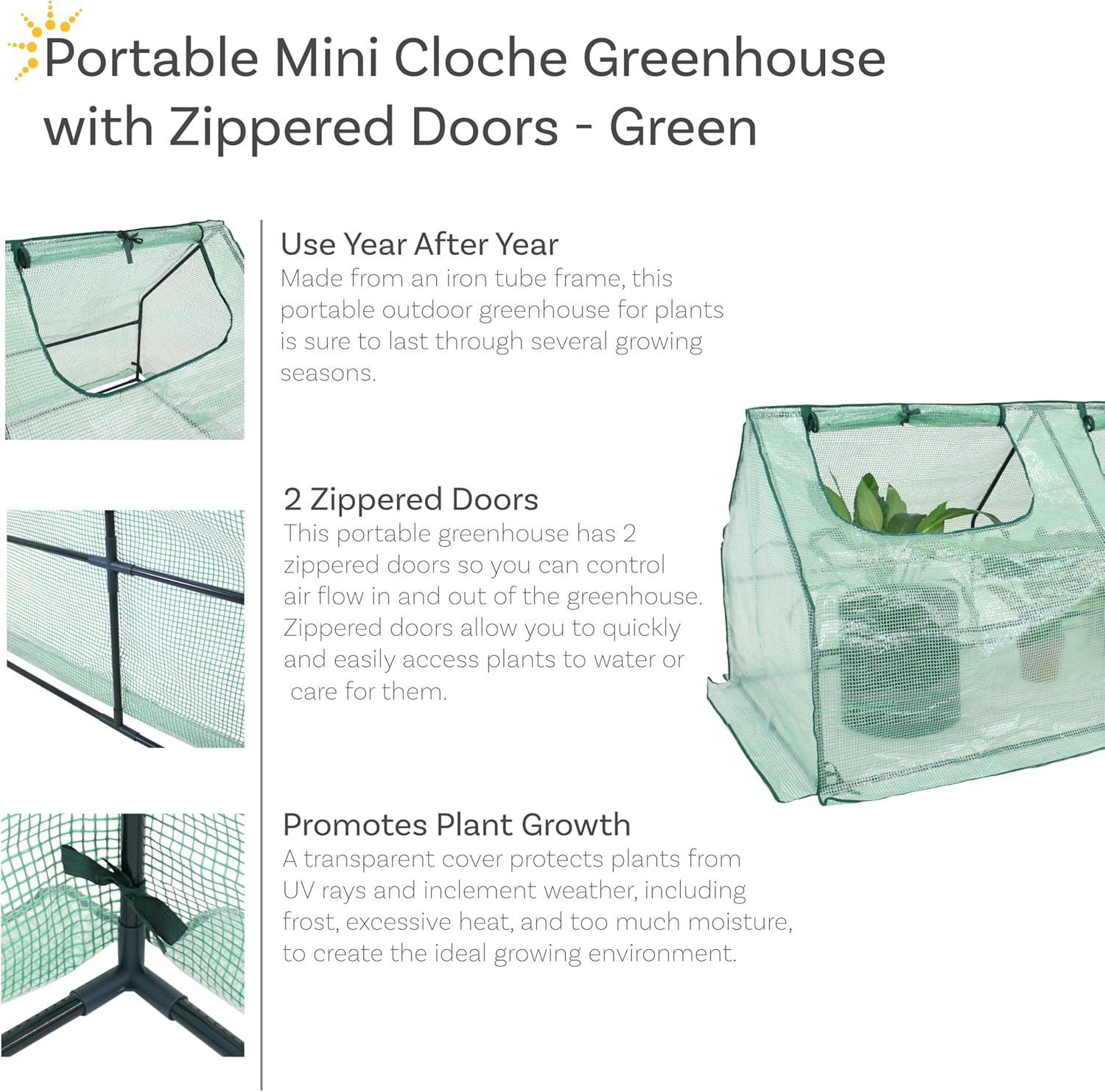 Sunnydaze Outdoor Portable Mini Cloche Greenhouse with 2 Zipper Doors - Green