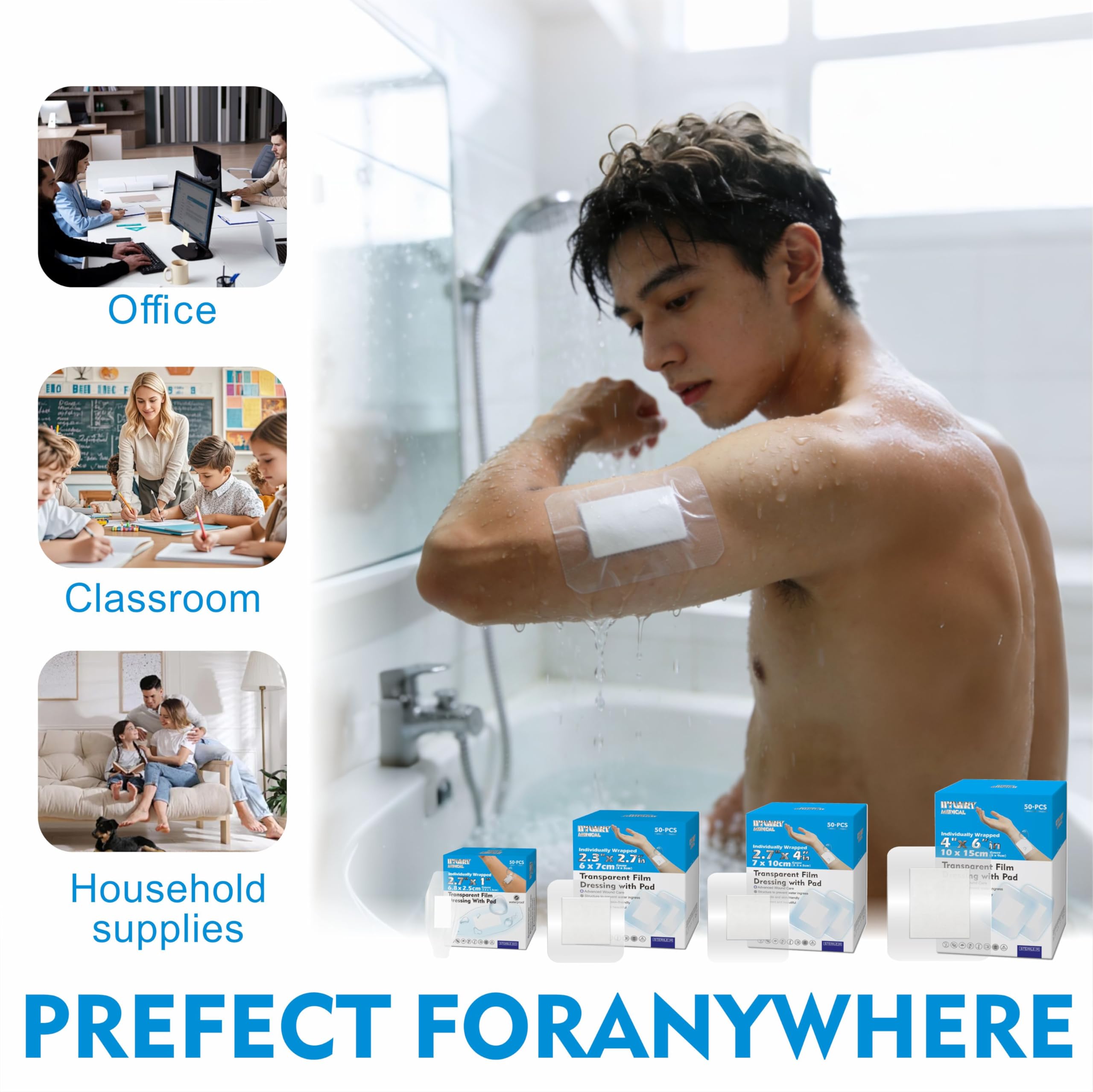 Apósito de película transparente impermeable con almohadilla absorbente, paquete de 50 vendas adhesivas estériles, cubierta postquirúrgica, barrera protectora para pieles sensibles (2.3 x 2.7