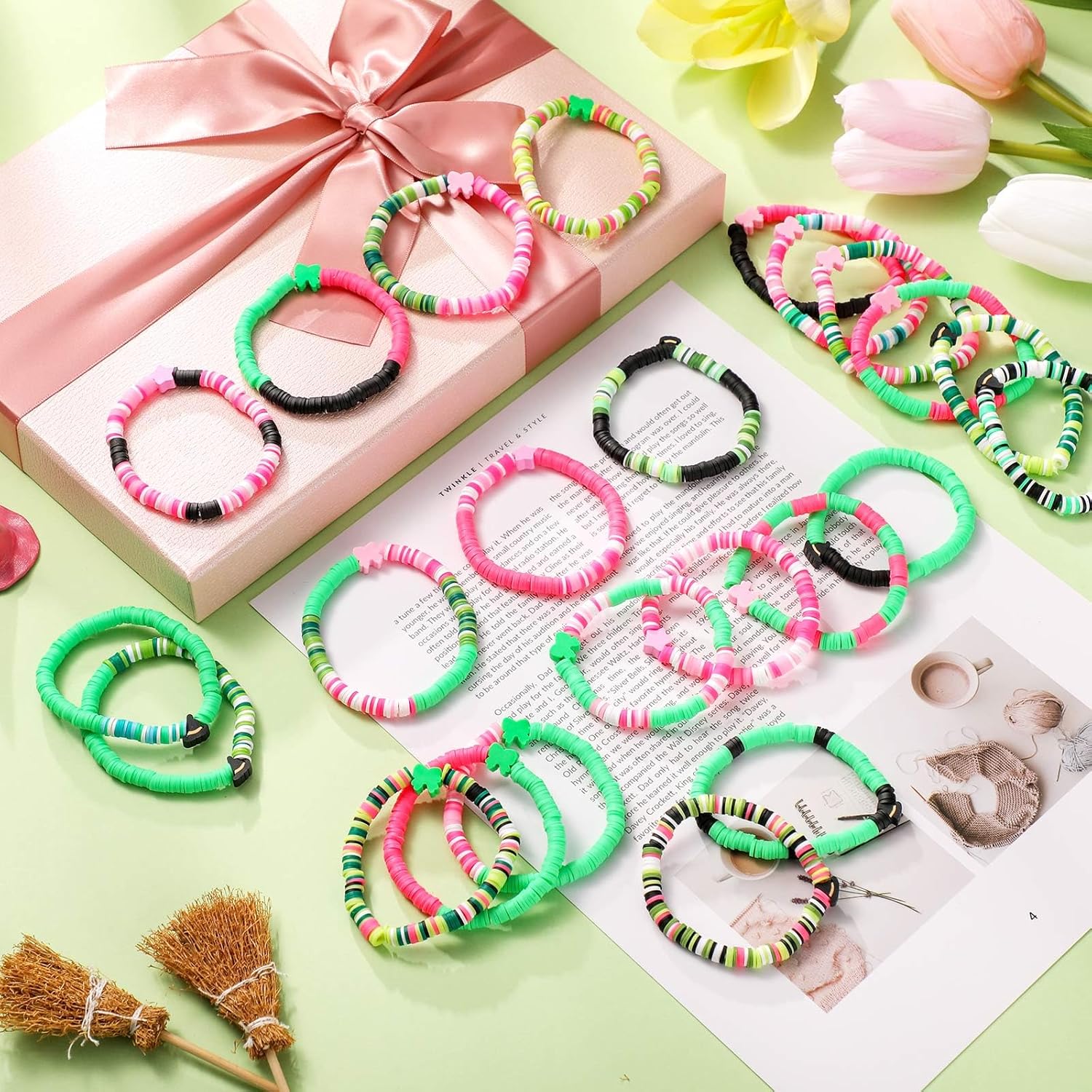 24 Pcs Witch Party Favors Witch Friendship Matching Bracelets Bulk Pink and Green Party Supplies Wizard Hat Princess Clay Beaded Bracelets Accessories for Movie Fans Birthday Woman Gifts - Image 2