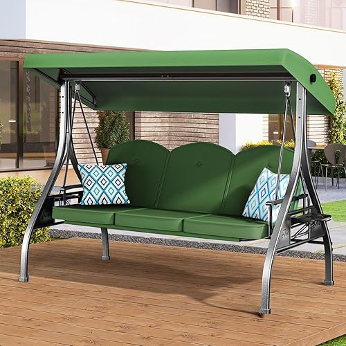 Miniatura 11 de Columpio de patio para porche al aire libre de 3 asientos con soporte de 800lbs, cama columpio convertible 2 en 1 con toldo ajustable y cojín Rojo