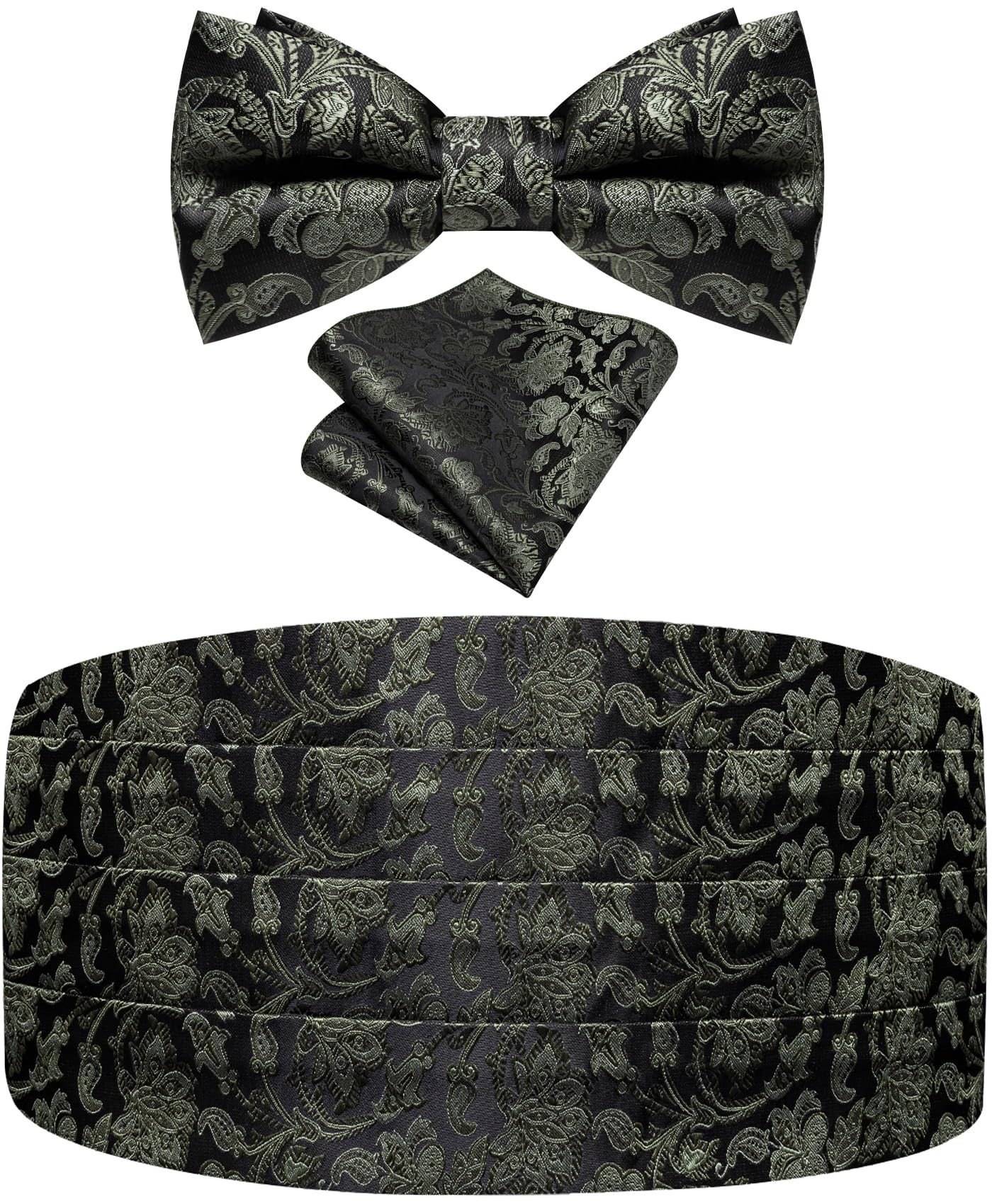 Paisley Floral Tuxedo Cummerbund Bow Tie Pocket Square Set for Men