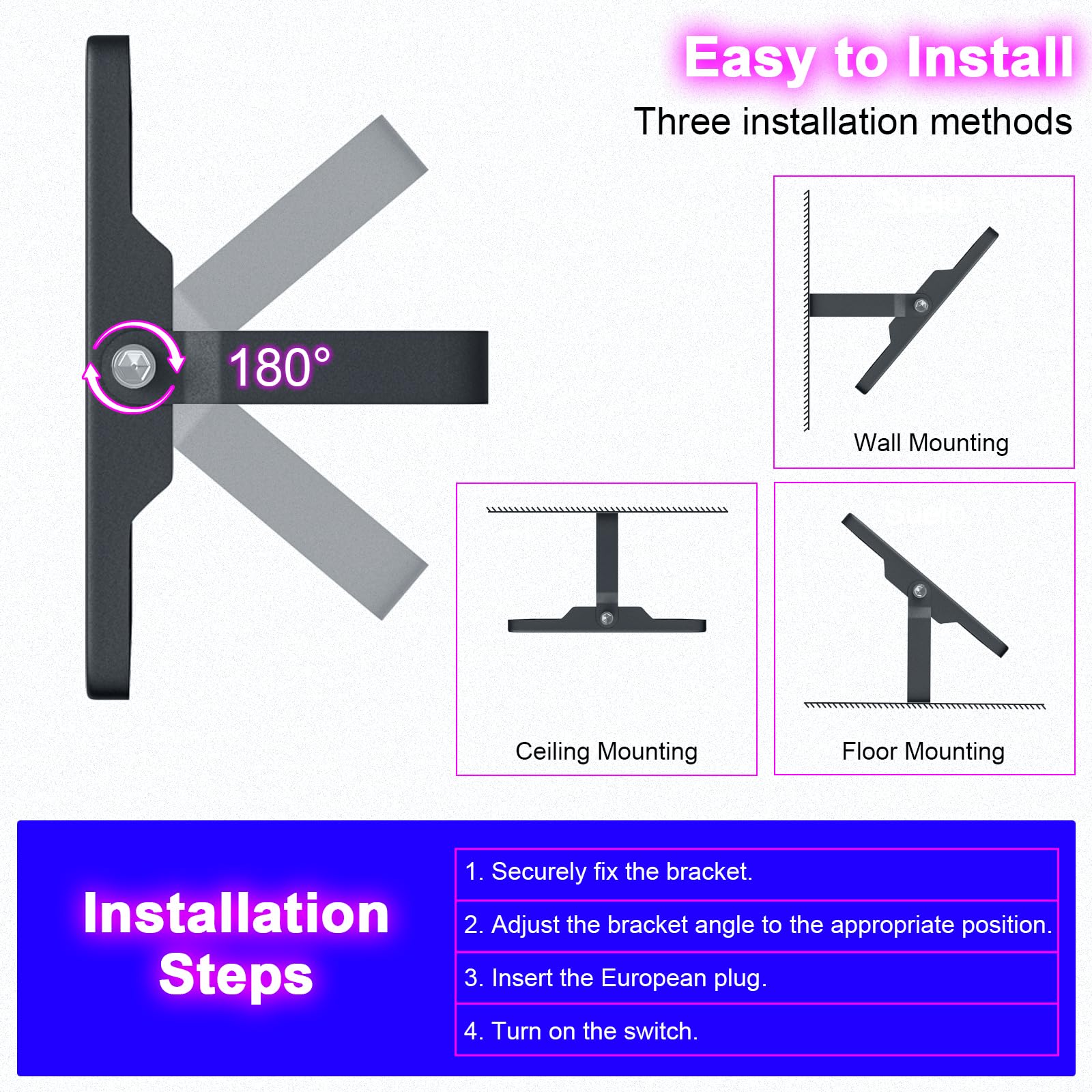 LED Luz Negra UV,2Pcs 100W Foco UV Ultravioleta 385-400nm,IP66,Resistentes al Agua,con Enchufe e Interruptor,para Decoración de Halloween,Fiestas,Iluminación de Escenario y Navidad