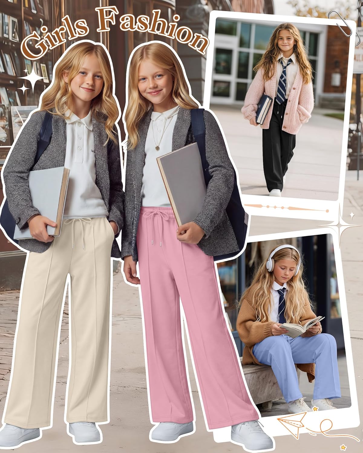4 Pack Girls Sweatpants Teen Girls Baggy Wide Leg Pants Drawstring Joggers Athletic Trousers with Pockets 5-14Y - Image 3