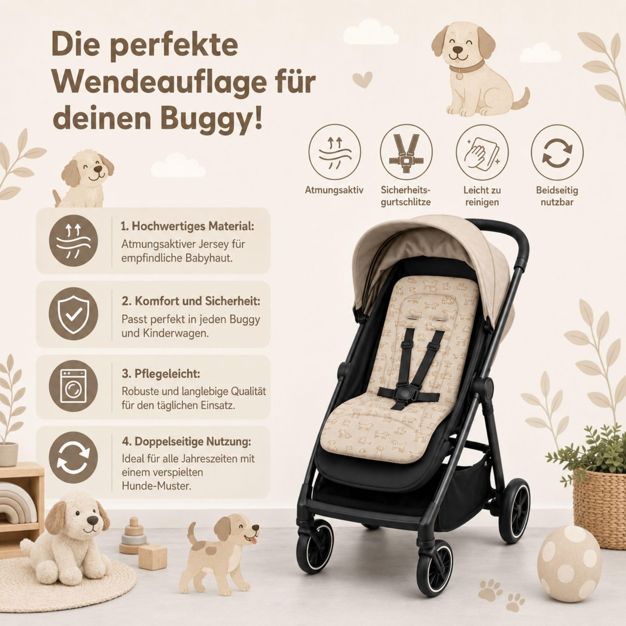 Fillikid Wendeauflage | Sitzauflage Baumwolle Jersey für Buggy und Kinderwagen mit Gurtschlitze | Einlage zum Abnehmen Zubehör Sommer & Übergangszeit | komfortable Sitzunterlage Babywagen
