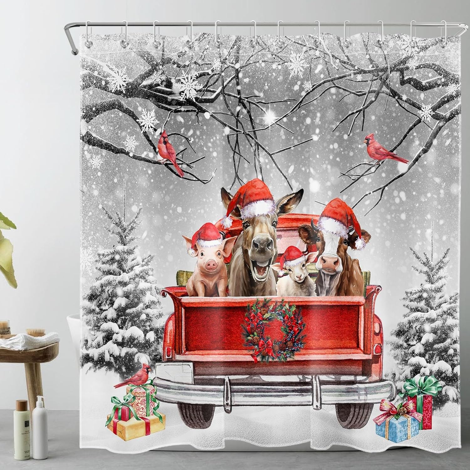 Christmas Winter Shower Curtain Sets with Rugs,Funny Animal Cow Donkey Pig on Red Truck and Pine Tree Bathroom Curtain Polyester Fabric Bathroom Decor Forest Shower Curtain,70L X 70W Inches