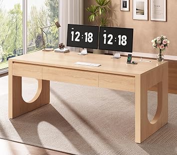 SEDETA Modern Office Desk with 3 Drawers, 55" Executive Desk with U-Shaped Legs, Wood Computer Desk with Power Outlet, Home Office Desks with Relief Texture, Natrual