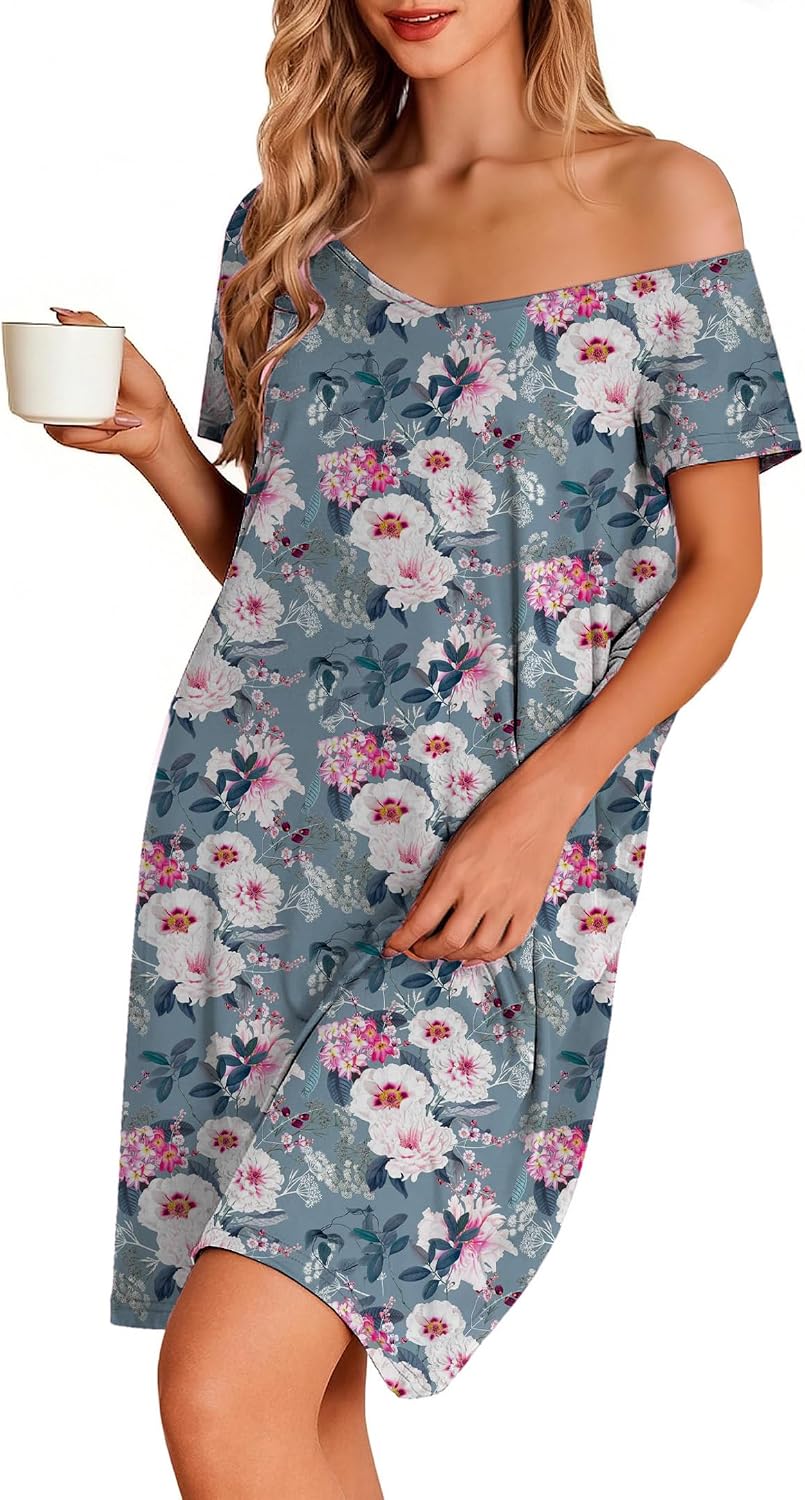 Nightgown for Women Sleepwear Short Sleeves Pajama Dress Sexy V Neck Night Shirts Soft Sleep Dress